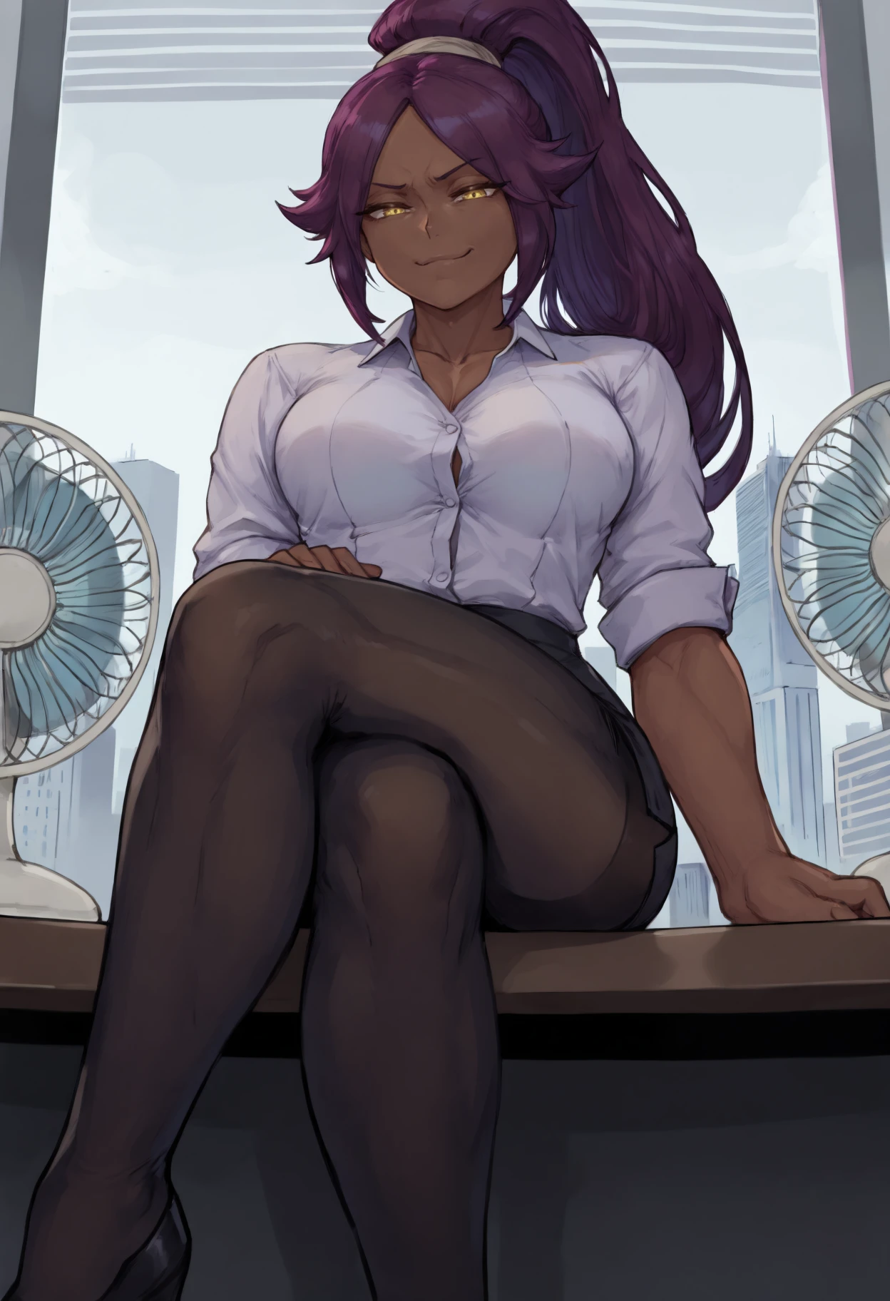 masterpiece, best quality,1girl, toned,
dark-skinned female, dark skin, purple hair, long hair, high ponytail, parted bangs, yellow eyes,
office lady, black pantyhose looking at viewer, smug, toned, sitting, crossed legs, sitting on table, indoors, office, window, cityscape, electric fan,
<lora:Shnyrch_idxl_EliPot:1>