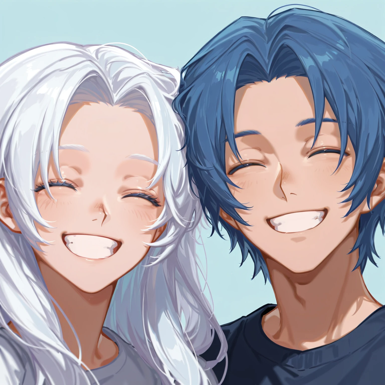 1girl, 1boy, long hair, short hair, <lora:Parted_Bangs_with_Curtain_Hair_Illustrious:1> curt4ined h4ir, blue hair, white hair, simple background, happy, side-by-side, portrait,