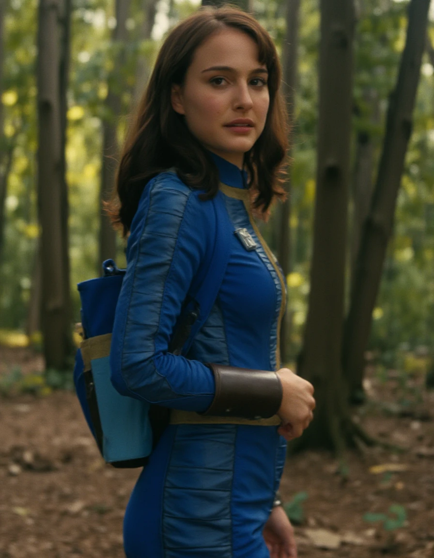 A woman with brown hair wearing a blue and yellow vault suit. The colors are vibrant. She is standing on the edge of a forrest. The suit is unzipped.<lora:VaultSuit:1>    <lora:natportman_2004_local_164_v2:1>