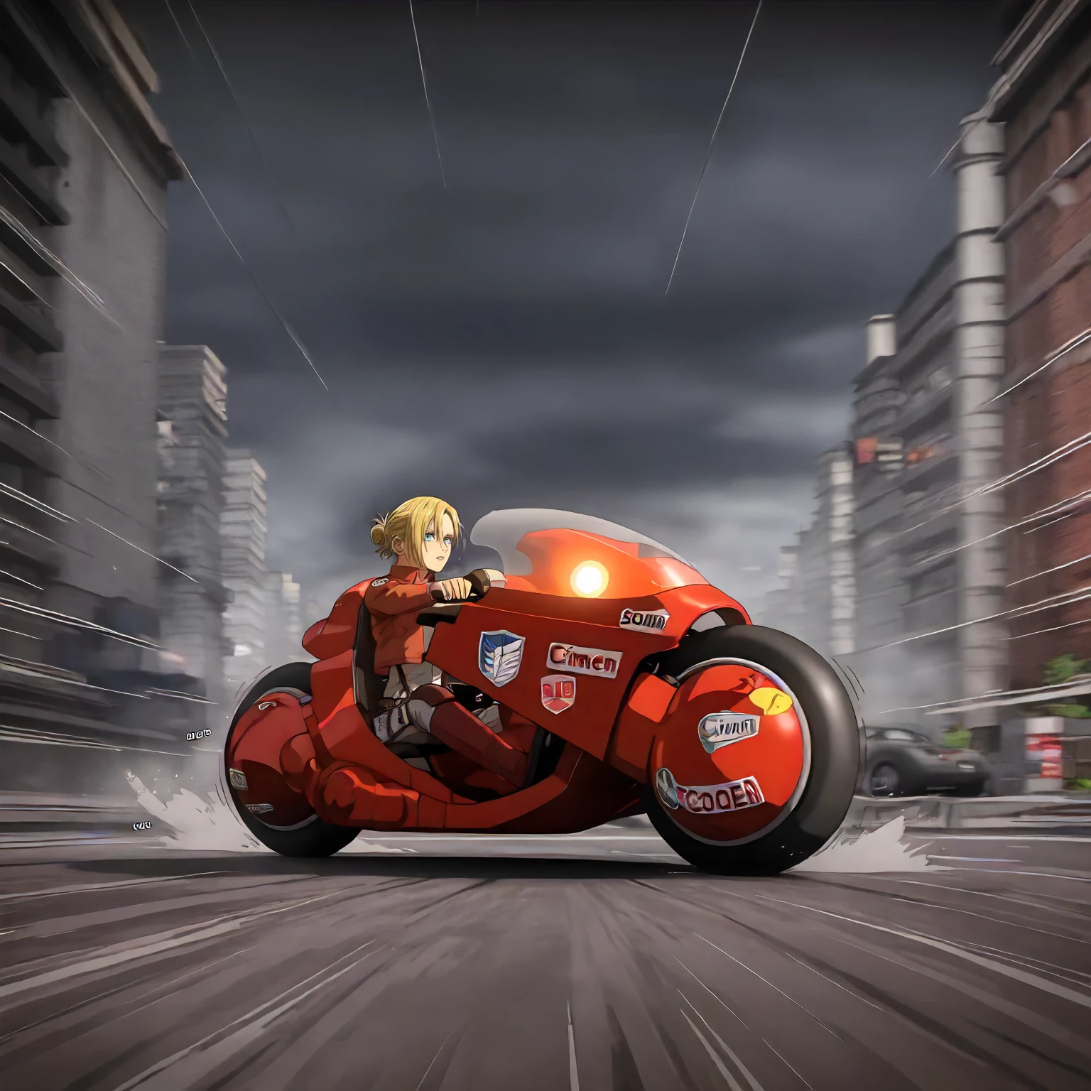 <lora:akira_kaneda_shoutarou's_bikeXLIllustrious002>,
masterpiece,best quality,good quality,newest,
detailed background,outdoors,
looking at viewer,
solo,
anime coloring,
1girl,annie leonhardt,shingeki no kyojin,
fog,glowing,
(sound effect:1.3),motion_blur,motion line,speed_lines,
speech bubble,
riding,
kaneda_shoutarou's_bike\(akira\),big scooter,large motorcycle,tire,red motorcycle,emblem,sticker,logo,ground vehicle,