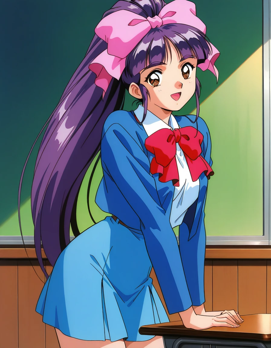 general,highres, ultra-detailed,very aesthetic,best quality ,best hands, BREAK <lora:Midou_Miko_IS:1> Midou_Miko, 1girl,solo, pink bow, purple hair, long hair,hair ribbon, brown eyes, ponytail, bangs, 1990s (style), anime coloring,
bow, light blue skirt, white shirt, dark blue jacket, smile,looking at viewer, cowboy_Shot,
school uniform, smile, 1990s (style), open mouth, long sleeves, red bow,
class room,