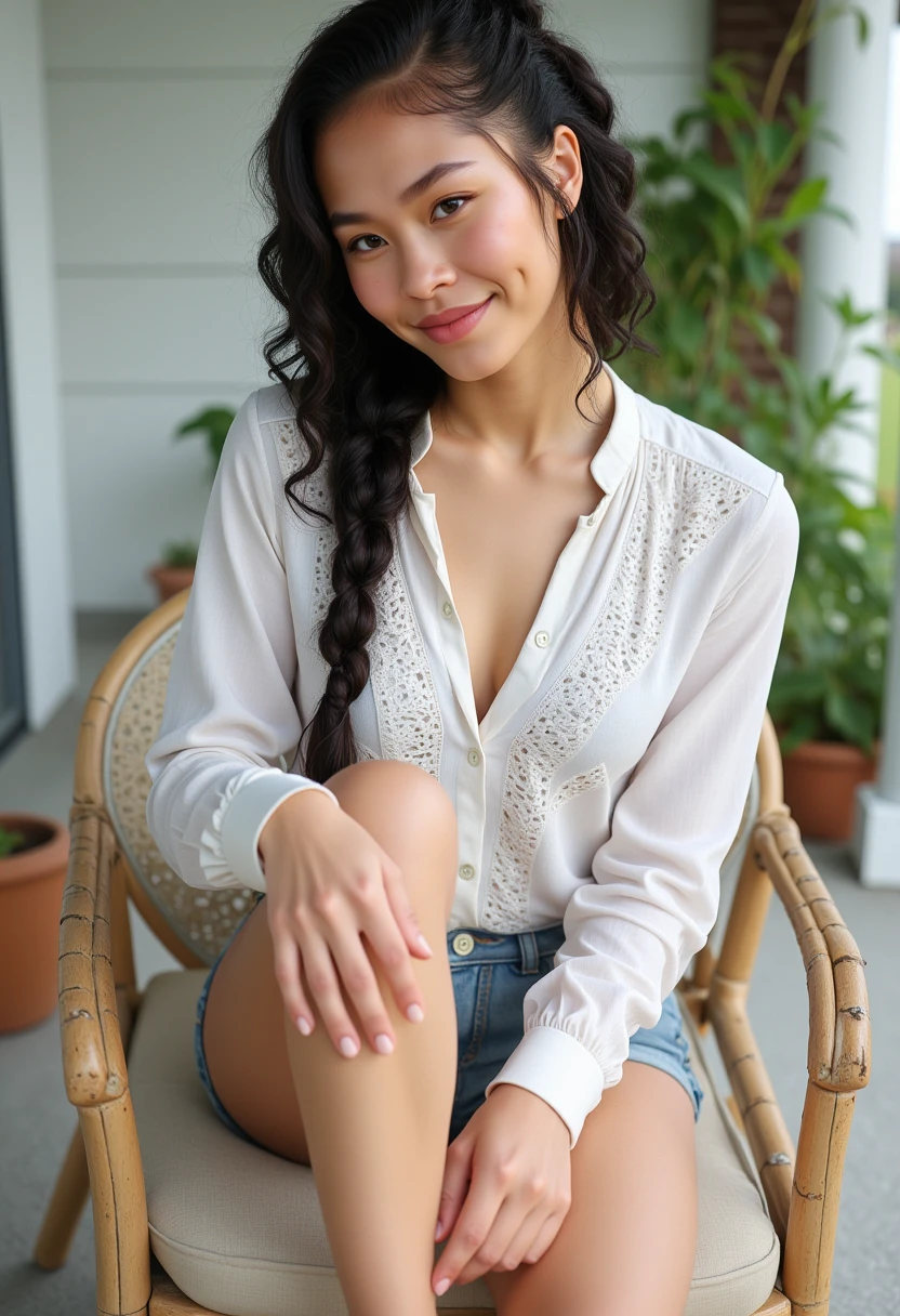 full body view, She is approximately 18 years old. Hyperrealism, she is looking at the camera, (dynamic angles), profile headshots of a beautiful, stunning unique female character. she has dark long hair, braid. her eyes are filled with joy and excitement, extravagant eyelashes. a photo of BGv2, she is wearing a white frilly shirt. The woman is posing confidently. a white front porch background. She has a slight smile on her face and is looking directly at the camera. making this image a masterpiece of photography and digital art. realistic. making this image a masterpiece of photography and digital art. Style: realistic hyper-detailed rendering, 32k UHD, expressive eyes, punk, graphic design, girl's face, pretty and cute, gleaming lips, telling a tale of adventure. Exuding confidence and serenity. The overall mood of the image is happy and relaxed,detailed skin texture,(blush:0.2),(goosebumps:0.3),subsurface scattering,whimsical,Detailed hand, Perfect hand. Perfection style. is posing in a chair. she is wearing white sneakers. She is wearing a white shirt and jean shorts. The scene is set outdoors, with a potted plant visible in the background. The photo is taken in a close-up shot, focusing on BGv2 legs and feet.. making this image a masterpiece of photography and digital art. realistic. making this image a masterpiece of photography and digital art. Style: realistic hyper-detailed rendering, 32k UHD, expressive eyes, punk, graphic design, girl's face, pretty and cute, gleaming lips, telling a tale of adventure. Exuding confidence and serenity. The overall mood of the image is happy and relaxed,detailed skin texture,(blush:0.2),(goosebumps:0.3),subsurface scattering,whimsical,Detailed hand, Perfect hand. Perfection style.