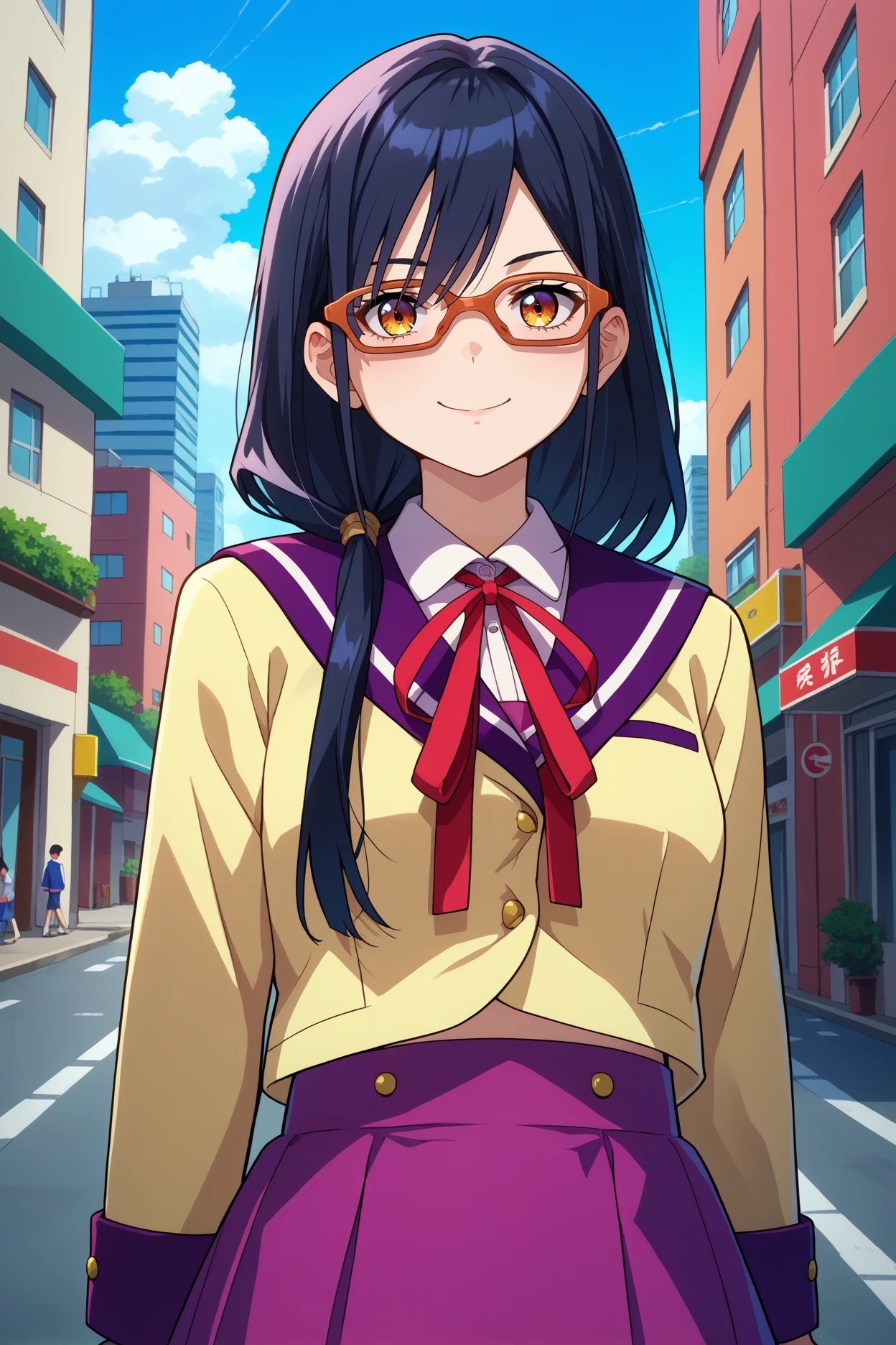 score_9, score_8_up, score_7_up, score_6_up, source_anime, 1girl, solo, <lora:kouenjimiko-pdxl-nvwls-v1:1> kouenjim, black hair, hair over shoulder, long hair, glasses, red-framed eyewear, yellow blazer, purple sailor collar, collared shirt, neck ribbon, purple skirt, upper body, looking at viewer, smile, blue sky, city, portrait, anime
