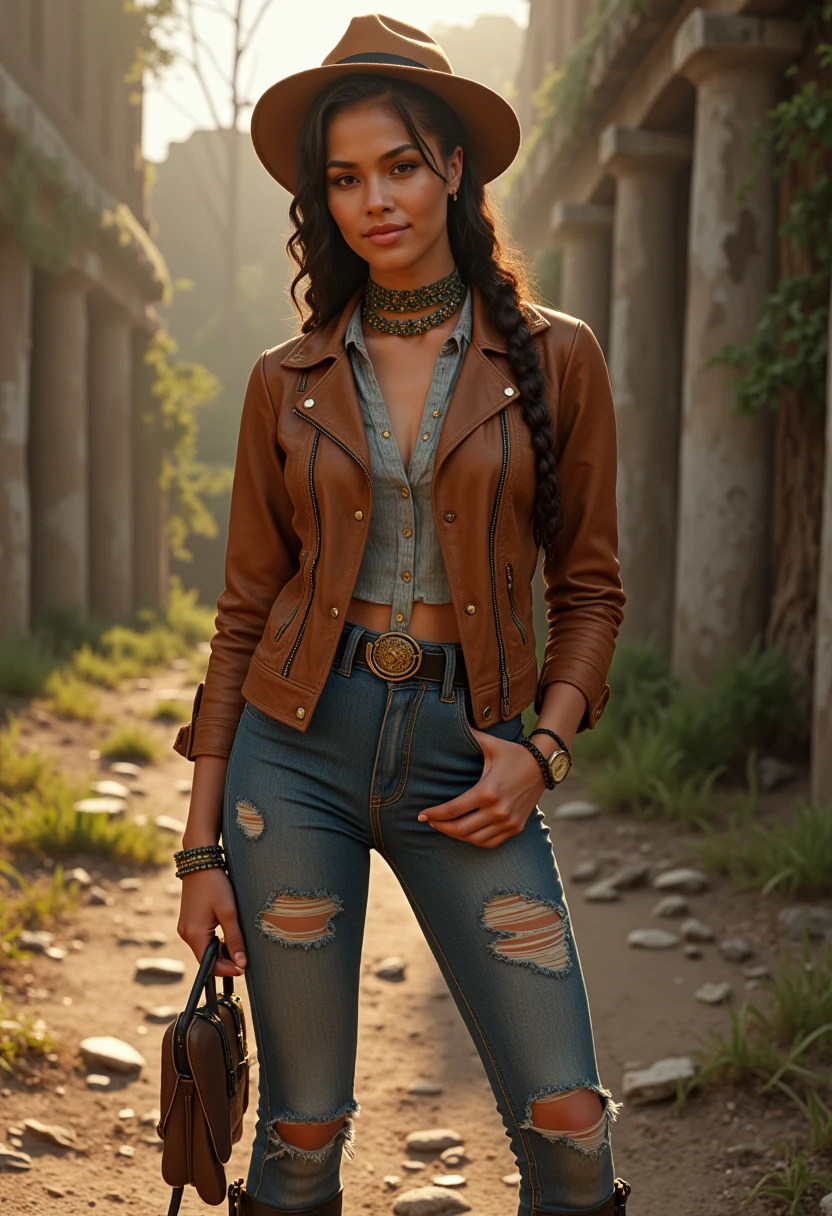 She is approximately 18 years old.she is standing, Hyperrealism, she is looking at the camera, (dynamic angles), headshots of a beautiful, stunning unique female character. she has dark hair. her eyes are filled with joy and excitement, extravagant eyelashes, a photo of BGv2, a woman with brown eyes, wearing a brown leather jacket and a brown indiana jones hat and blue jeans, posing while exploring a city lost to time, and reclaimed by nature. She is wearing a scarf and has a braid. The photo is in a sepia tone, giving it a vintage feel. The background is blurry, focusing on BGv2 as the main subject. She has a slight smile on her face and is looking directly at the camera. making this image a masterpiece of photography and digital art. realistic, Style: realistic hyper-detailed rendering, 32k UHD, expressive eyes, punk, graphic design, girl's face, pretty and cute, gleaming lips, telling a tale of adventure. Exuding confidence and serenity. The overall mood of the image is happy and relaxed,detailed skin texture,(blush:0.2),(goosebumps:0.3),subsurface scattering,whimsical,Detailed hand, Perfect hand. Perfection style. she is wearing white sneakers. The scene is set in an ancient city, with buildings overgrown with foilage, and trees, with ancient aztec ruins visible in the background. The photo is taken in a close-up shot, focusing on BGv2 legs and feet.