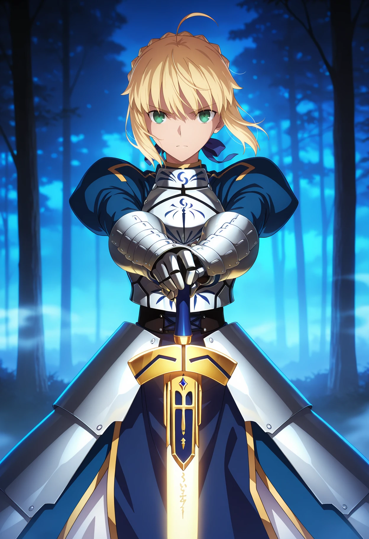 anime screencap, masterpiece, best quality,
<lora:FateStayNightUBW_Saber_IlluXL:0.9>,
1girl, solo, closed mouth, serious,
blonde hair, green eyes, short hair, french braid, ahoge, hair ribbon, blue ribbon,
SaberArmor, breastplate, blue dress, gauntlets, juliet sleeves, faulds,
hands on hilt, excalibur \(fate/stay night\),
standing, looking at viewer, cowboy shot, legs apart,
outdoors, night, blue theme, fog, forest