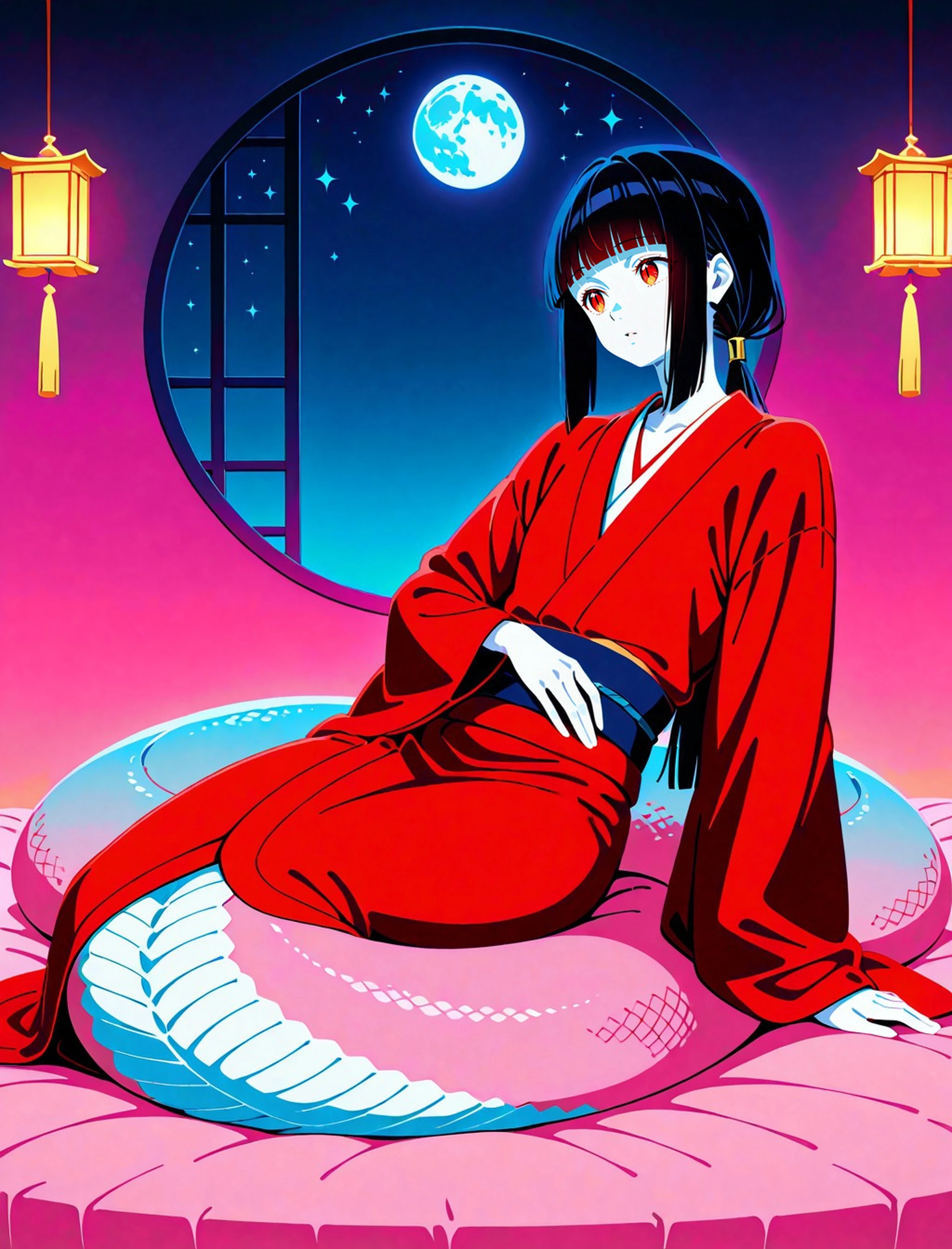 [realistic::0.1], perspective, [(muscular female:0.5)::0.1],[(flat color, limited palette:1):0.1],(light blue and pink tone:1)
1girl, solo, long black hair,straight hair,low ponytail,blunt bangs,(lamia:1.1), (jitome:0.6),(tareme:1.3), red kimono,japanese clothes, red eyes, white skin, gold ornament,slit pupils, (parted lips:1),hime cut,  [flat chest:small breast:0.2], (from side:1.1),(narrowed eyes:0.5),
pose, [(narrow waist:0.1)::0.1],sitting on bed,leaning forward, drop shadow,huge hige window,night,star,moon,looking afar, 
violet gradient background,old japan room,
<lora:Fixhands_anime_bdsqlsz_V1:1>,<lora:DobunezuMix-Illustrious:0.5>,<lora:No_outline-Illustrious:1> 
characters, copyright, style, general tags, rating, best quality, good quality, newest