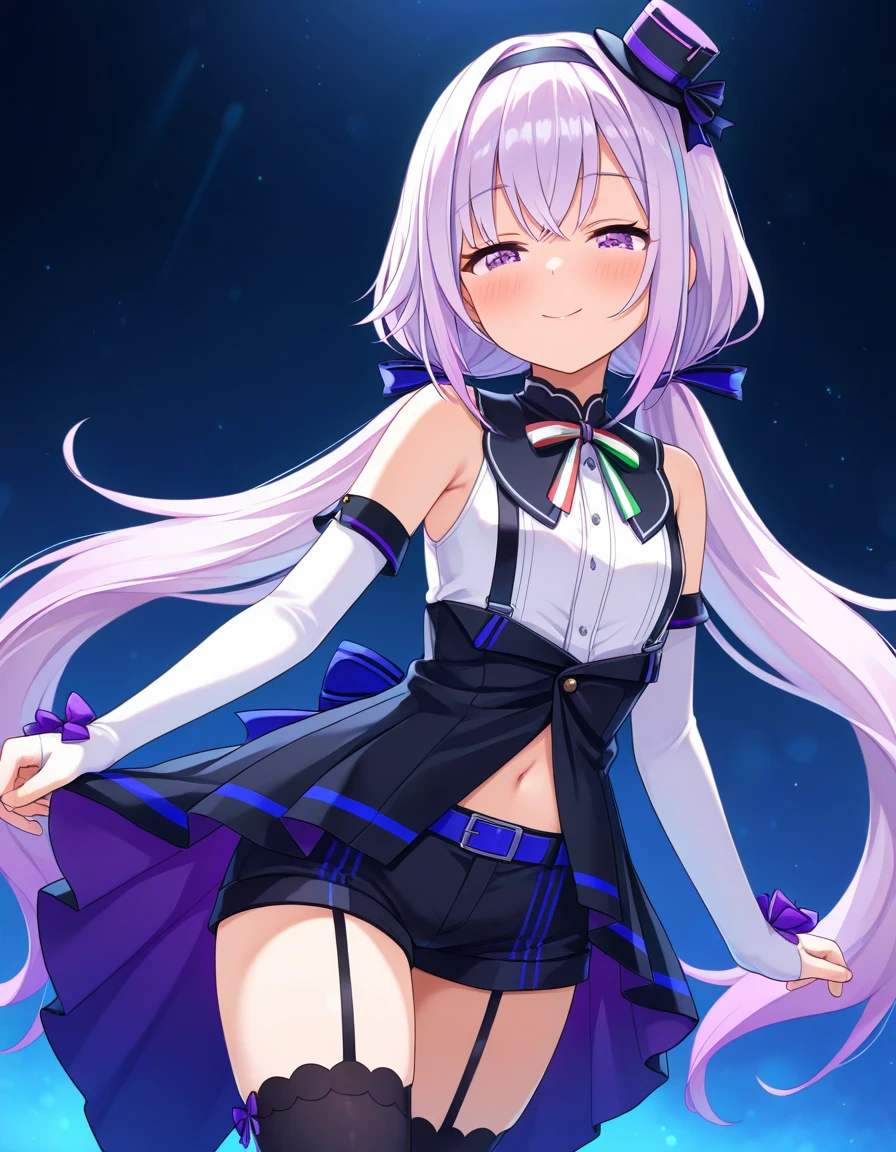 masterpiece, best quality, very aesthetic, absurdres,  1girl, carropino, pino2nd, half-closed eyes,  blush, smile, low twintails, hairband, mini top hat, hair bow, multicolored bowtie, elbow gloves,  black short shorts, black thighhighs,  standing, dark blue theme, blue lighting,  (light particles:1.5),   <lora:ILcarropino_v1.1:0.7>