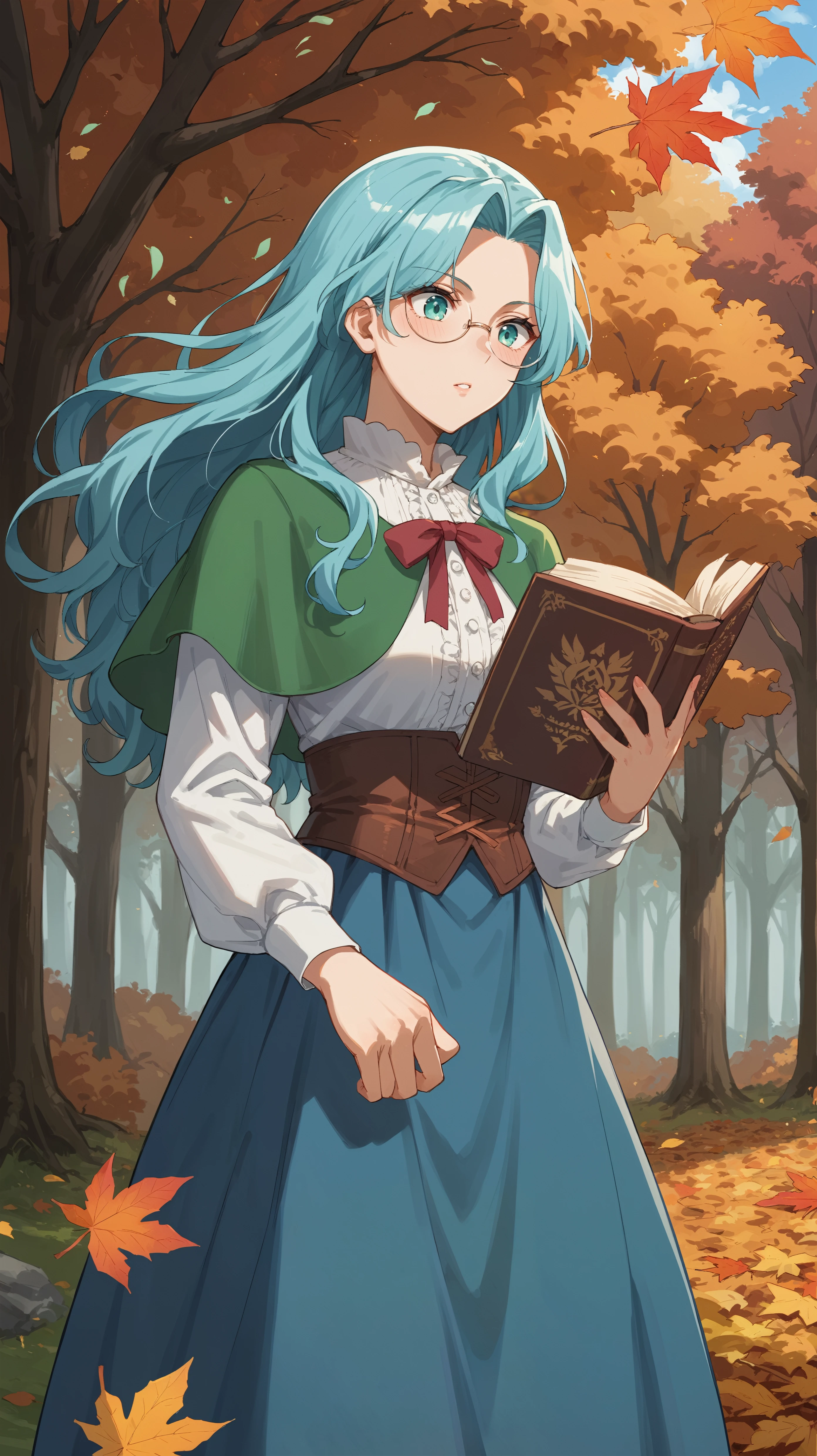 score_9,score_8_up,score_7_up,score_6_up, <lora:xl_more_art-full_v1:0.5>, source_anime, woman, dynamic pose, reading a book, <lora:Eva Aensland - Pony-000004:0.8>, long hair, aqua hair, aqua eyes, round glasses, green capelet, red ribbon, white blouse, brown corset, long dress, blue dress, white dress, multicolored dress, autumn colors, leaves, wind, autumn forest,