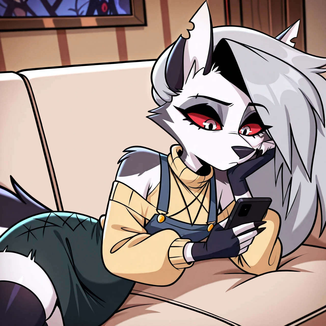 A girl is lying down on a sofa. She is bored looking at her phone, while resting her cheek on her hand.
the overall style of the illustration is cartoon-inspired.
Indoors background, Bedroom background, bored, looking at phone, tired,
1girl, solo, red eyes, Loona, Loona \(Helluva Boss\), anthro, furry,
fingerless gloves, thigh highs, ((yellow sweater, green skirt)),
masterpiece, general.
<lora:LoonaHuman_Loona_Illustrious_Helluva_Boss:1>