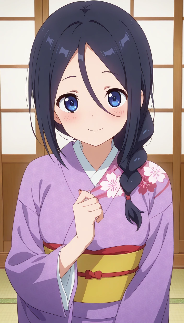Anime girl in kimono outfit with long black hair and blue eyes - SeaArt AI