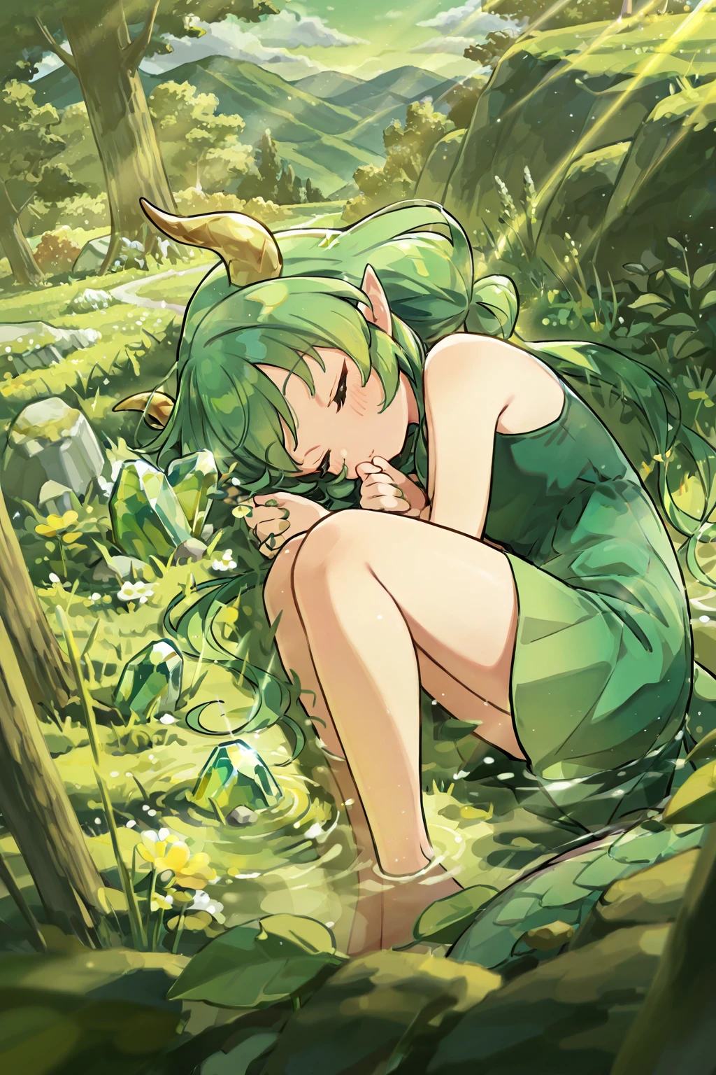 masterpiece,best quality, amazing quality, 8k resolution, 1girl, dragon girl, curled up, precious, cute, dark green, emerald color, gold and green theme, BREAK, atmosphere, high resolution, ultra-detailed, newest, scenery, depth of field, volumetric lighting,gr4ph1t3, clean sketch,tra1ner,holographic,holofoil,prismatic,diffraction