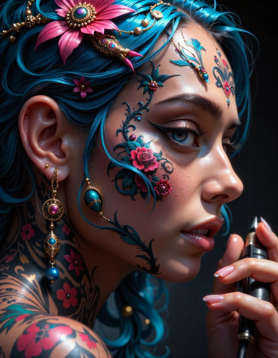 Detailing: Incredible detail in the tattoos presents a rich tapestry of colors and styles, with some designs appearing to leap off the canvas, creating a 3D effect. Resolution & Texture: This artwork is designed for large-scale wall prints, rendered in ultra-high resolution of 16k, with a focus on textured layers for a dynamic visual experience.