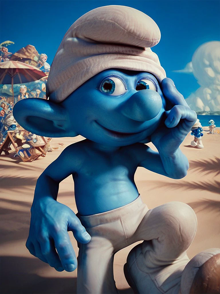 <lora:Rrrrastyapka:1>, The Smurf stands in a sexy pose on the beach in a white hat and white mini shorts, smiling sweetly and winking with an eye, looking at the camera