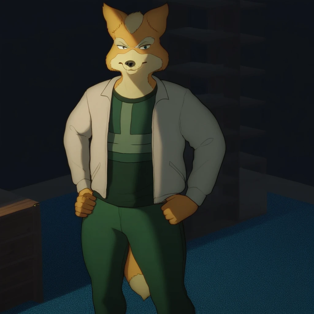 score_9_up, score_8_up, score_7_up, Masterpiece, best quality, high quality, detailed, male, solo male, 1boy, Fox McCloud, anthro, fox, mature male, animal ears, tan yellow fur, thick eyebrows, green eyes, athletic build, wide hips, thick thighs, indoors, looking at viewer, standing, hands on hips, smiling, green shirt, white jacket, green pants, half body