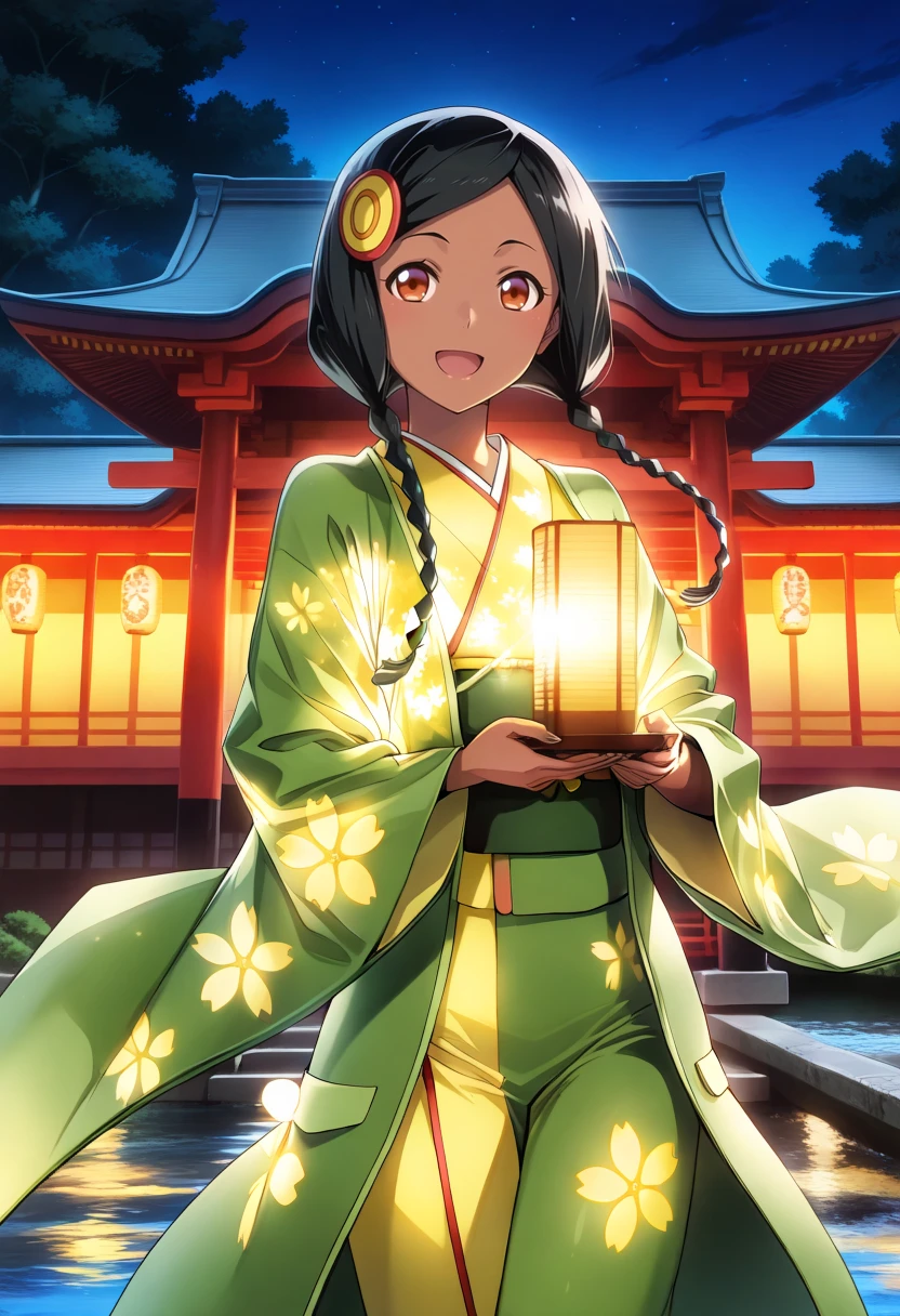 masterpiece, best quality, anime screen, 1girl, solo, <lora:ill_sazanka:1>, evol_sazanka, cowboy shot, green kimono, furisode, glowing kimono, glittering, <lora:glowing-kimono-il-01:0.8>, dark-skinned female, black hair, parted bangs, twin braids, hair ornament, brown eyes, looking at viewer, smile, open mouth, Japanese temple, cherry blossom, river, night