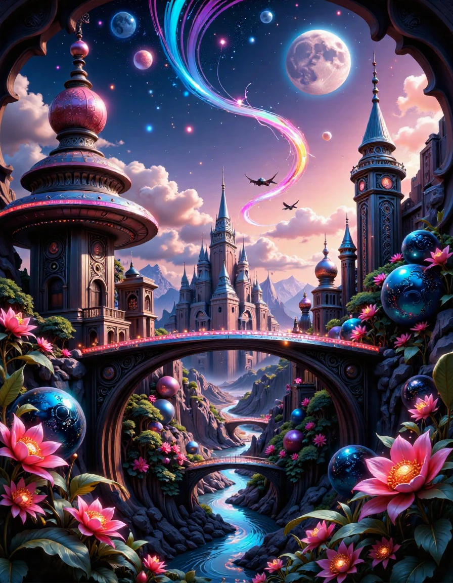 Futuristic city with floating islands connected by rainbow bridges of pure energy, gleaming spires that pierce the clouds, anti-gravity gardens with exotic floating plants, holographic advertisements reflecting off chrome surfaces, flying vehicles leaving trails of stardust, starry sky with multiple moons, Magic Dream style, neon accents, ray-traced reflections, tilt-shift effect<lora:magic-dream:0.5> md0924, magic, anna stokes, boris vallejo, alphonse mucha, sky with clouds and moon, flowers, swirl magic