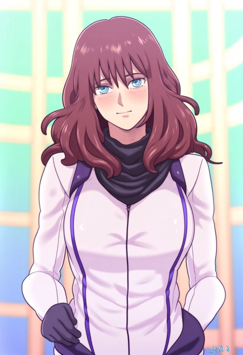 D-ART \(Artist\), @18dart5, @18dart3, @18dart2, @18dart1, A girl with long, wavy brown hair and blue eyes. She is wearing a white and blue outfit with a black scarf around her neck. The background is a soft, pastel color with a geometric pattern. The girl has a neutral expression and is positioned in the center of the image, with a focus on the character's expression and outfit.