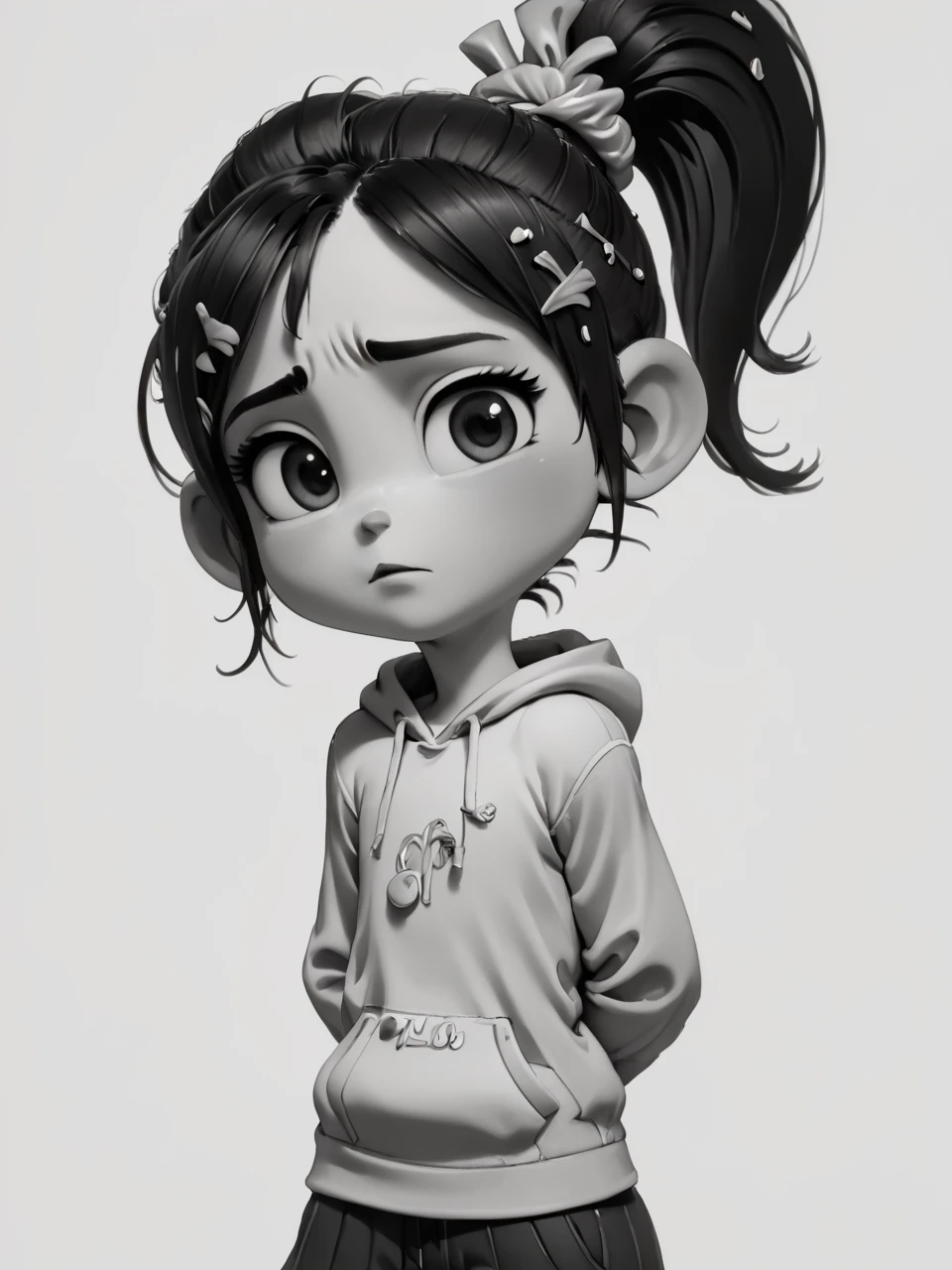 score_9, score_8_up, score_7_up, score_6_up, BREAK, Sk3tch, sketch, monochrome, <lora:Sketch:1> VanellopevonS, 1girl, solo, black hair, hair ornament, hair scrunchie, looking at viewer, upper body, hands behind back <lora:Vanellope3:1>