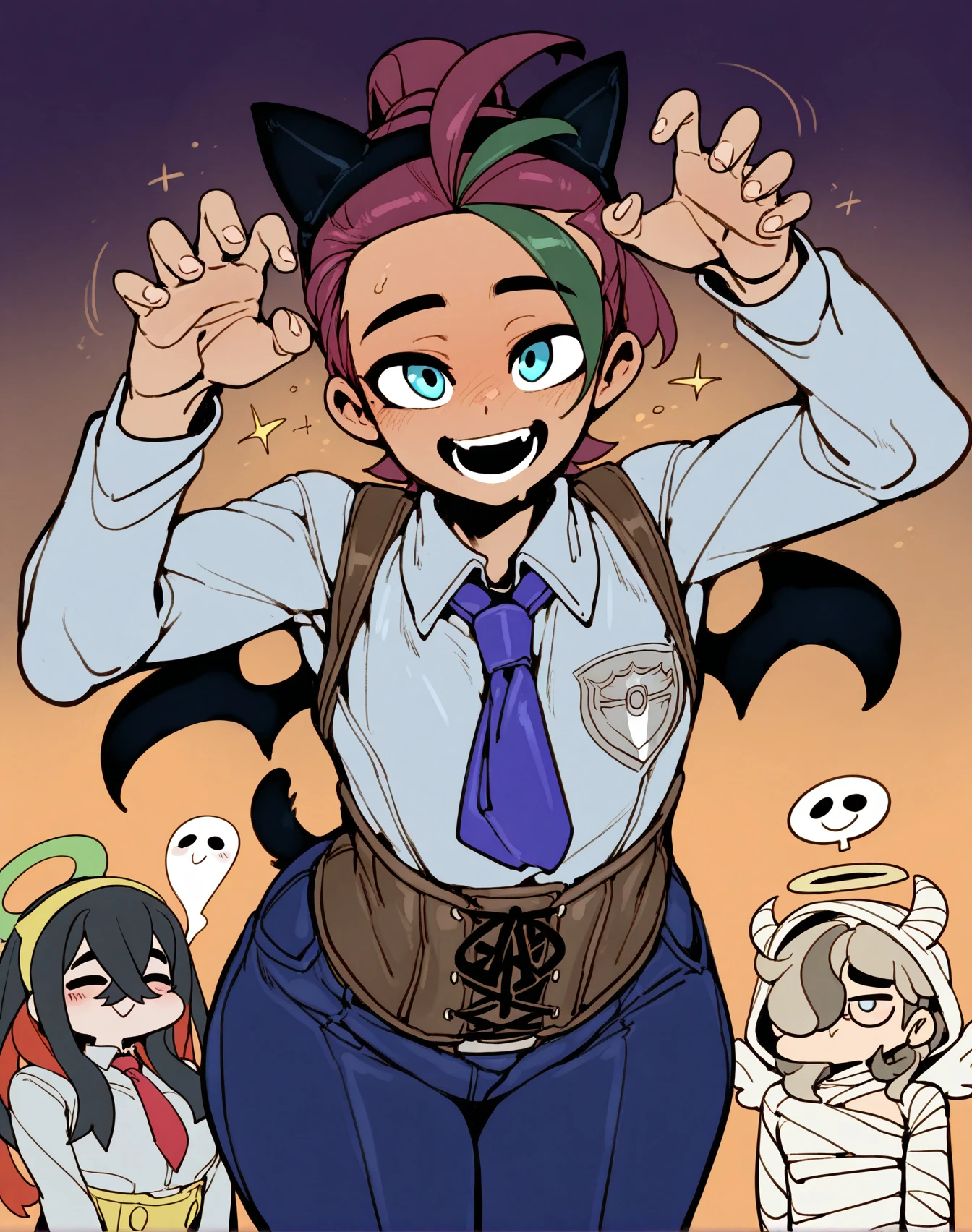<lora:_doppel_NAIXL:1> art by doppel, artist:doppel, best quality, masterpiece, source_anime, juliana (pokemon), nemona (pokemon), kieran (pokemon), arven (pokemon), carmine (pokemon), long hair, blush, smile, open mouth, short hair, blue eyes, shirt, multiple girls, brown hair, black hair, long sleeves, dress, animal ears, 2girls, tail, closed eyes, braid, purple hair, ponytail, multicolored hair, red hair, hairband, horns, teeth, multiple boys, wings, necktie, green hair, alternate costume, collared shirt, glasses, hood, 3girls, mole, hair over one eye, two-tone hair, vest, halo, eyelashes, cosplay, sparkle, fangs, wolf ears, grey shirt, colored inner hair, cloak, hood up, wolf tail, corset, crossed bangs, demon wings, halloween, angel wings, fake horns, angel, claw pose, halloween costume, fake wings, giving up the ghost, mummy costume, little red riding hood (grimm) (cosplay)