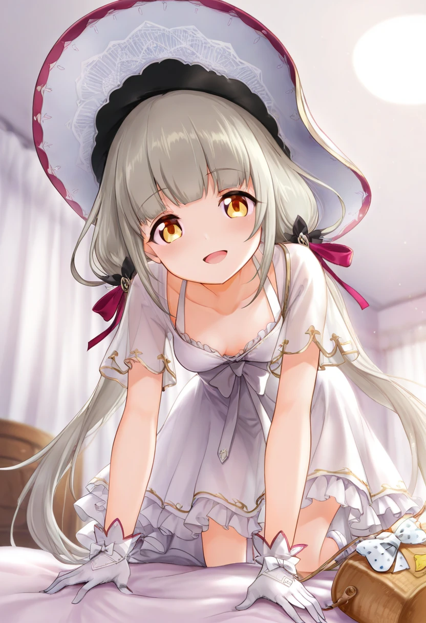 loussier4, 1girl, long hair, twintails, low twintails, hair ribbon, very long hair, white headwear, white dress, frilled dress, short sleeves, white gloves, handbag, looking at viewer, small breasts, on bed, all fours, from below, smile, open mouth, masterpiece, best quality, absurdres, highres, newest