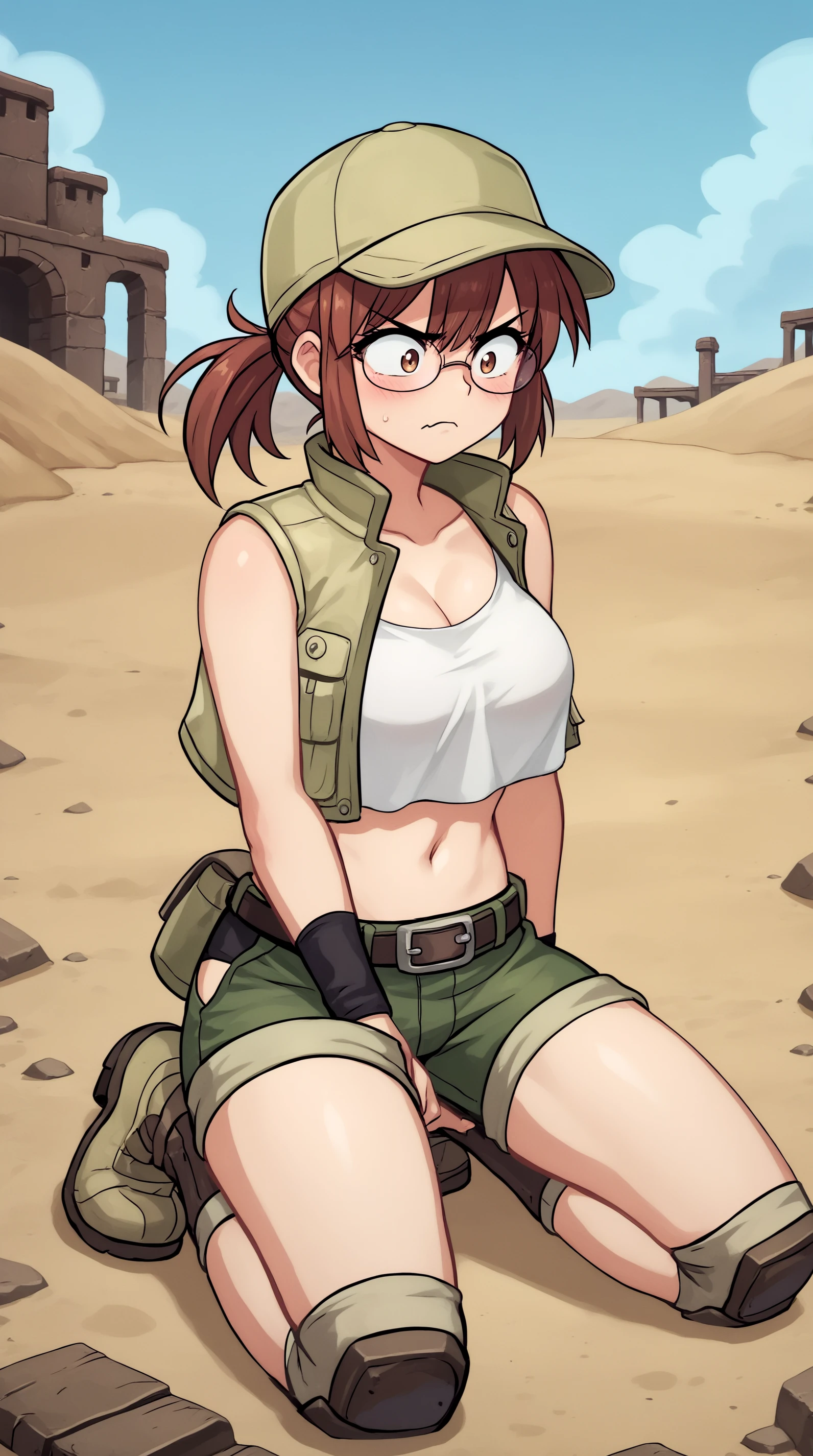 score_8_up,score_7_up,score_6_up,score_5_up,score_4_up,source anime, anime screencap, Bellows, 1girl, solo, breasts, smile, open mouth, gloves, navel, jewelry, underwear, panties, shorts, belt, green shorts sitting, nipple, sitting, spread legs, leaning back, closed eyes, open mouth, metal floor, sunlight, close-up of chest, head back, topless, large breasts,crop top, tank top, shirt lift,