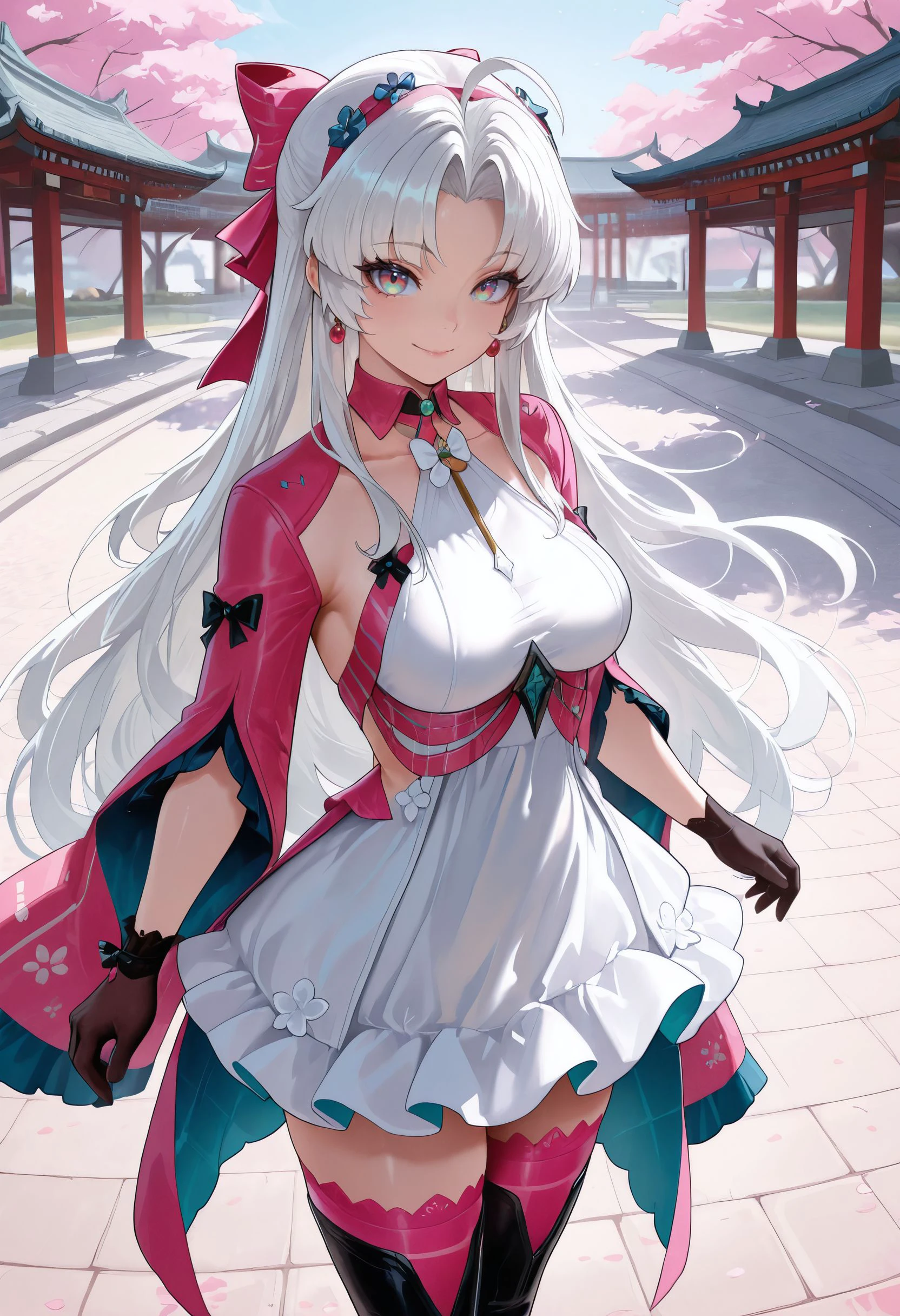 masterpiece,best quality,amazing quality,<lora:carlotta_wuwa_ilxl_goofy:1> carlottaWuwa, park, cherry blossoms,east asian architecture, smile, looking at viewer, standing, 1girl, long hair, white dress, parted bangs, white hair, black gloves, ahoge, jewelry, earrings, hair bow, thighhighs, medium breasts, very long hair, multicolored eyes, thigh boots, pink thighhighs, thighhighs under boots