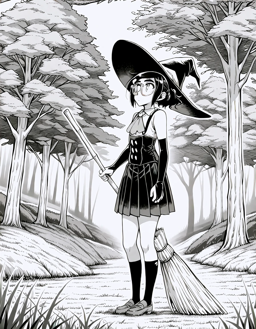 <lora:IrisStea_illust_v10:0.8> 1girl, monochrome, greyscale, cover
iris-nms, hair up, hair ornament,  glasses, suspenders, sleeveless shirt, bridal gauntlets, ascot, kneehighs, loafers, witch hat, holding broom, tree, grass,  looking up
masterpiece, best quality, absurdres,