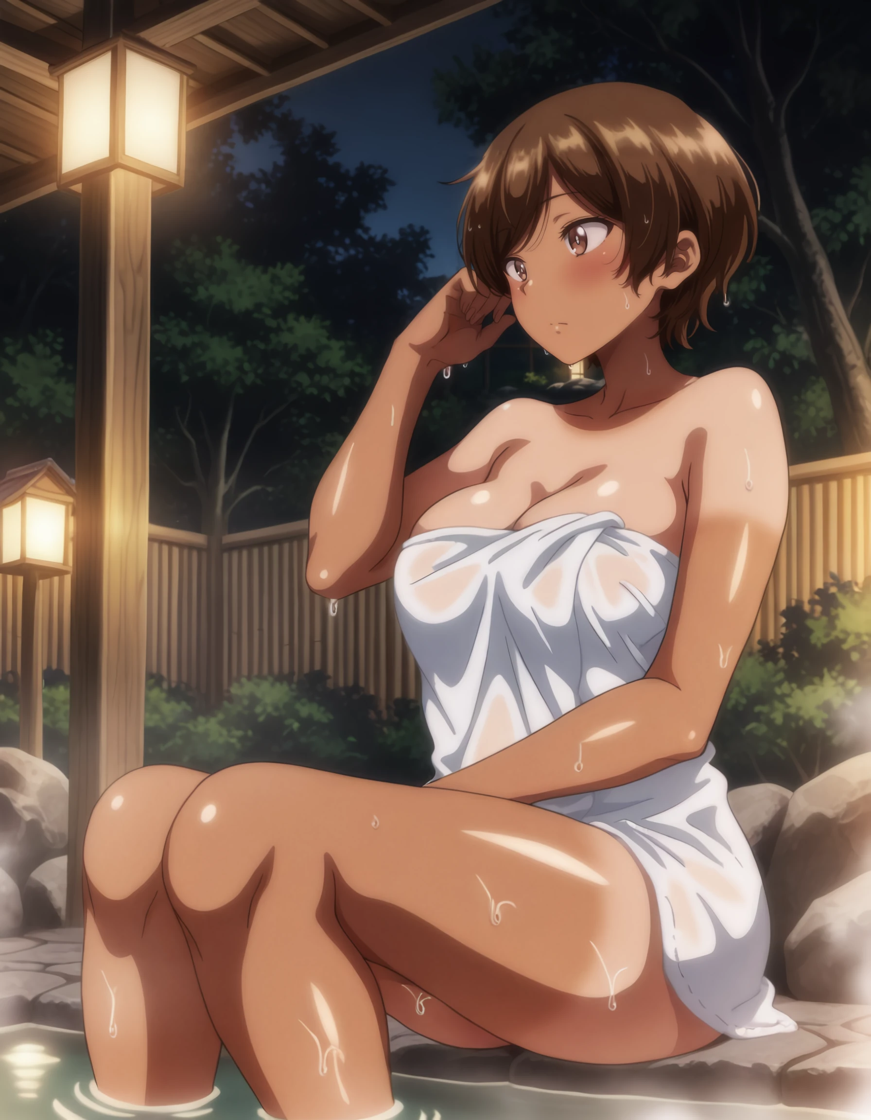 <lora:mio_katou_il:1> rating:safe, mio_katou, dark-skinned_female, brown_hair, short_hair, brown_eyes, tan, tanlines, school_uniform, serafuku, sailor_collar, neckerchief, 1girl, bare_legs, bare_shoulders, blush, breasts, cleavage, closed_mouth, collarbone, feet, hand_up, knees_up, lantern, large_breasts, legs, looking_ahead, naked_towel, night, onsen, outdoors, sitting, soaking_feet, solo, steam, thighs, towel, tree, water, wet, dark, shadow, spotlight, masterpiece, detailed, best_quality