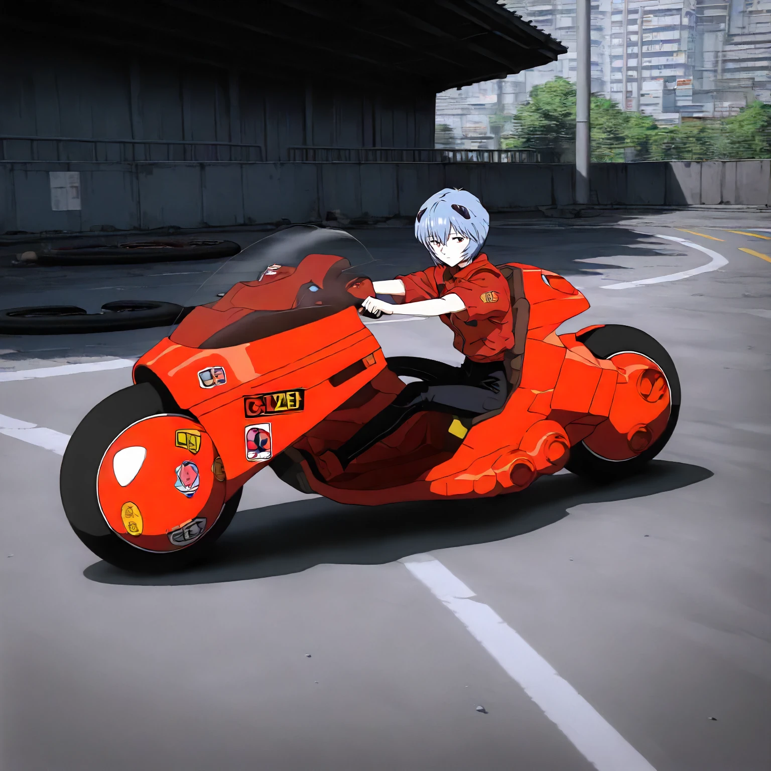 <lora:akira_kaneda_shoutarou's_bikeXLIllustrious002>,
masterpiece,best quality,good quality,newest,
detailed background,outdoors,
looking at viewer,
solo,
anime coloring,
1girl,ayanami rei,neon genesis evangelion,
riding,
kaneda_shoutarou's_bike\(akira\),big scooter,large motorcycle,tire,red motorcycle,emblem,sticker,logo,ground vehicle,