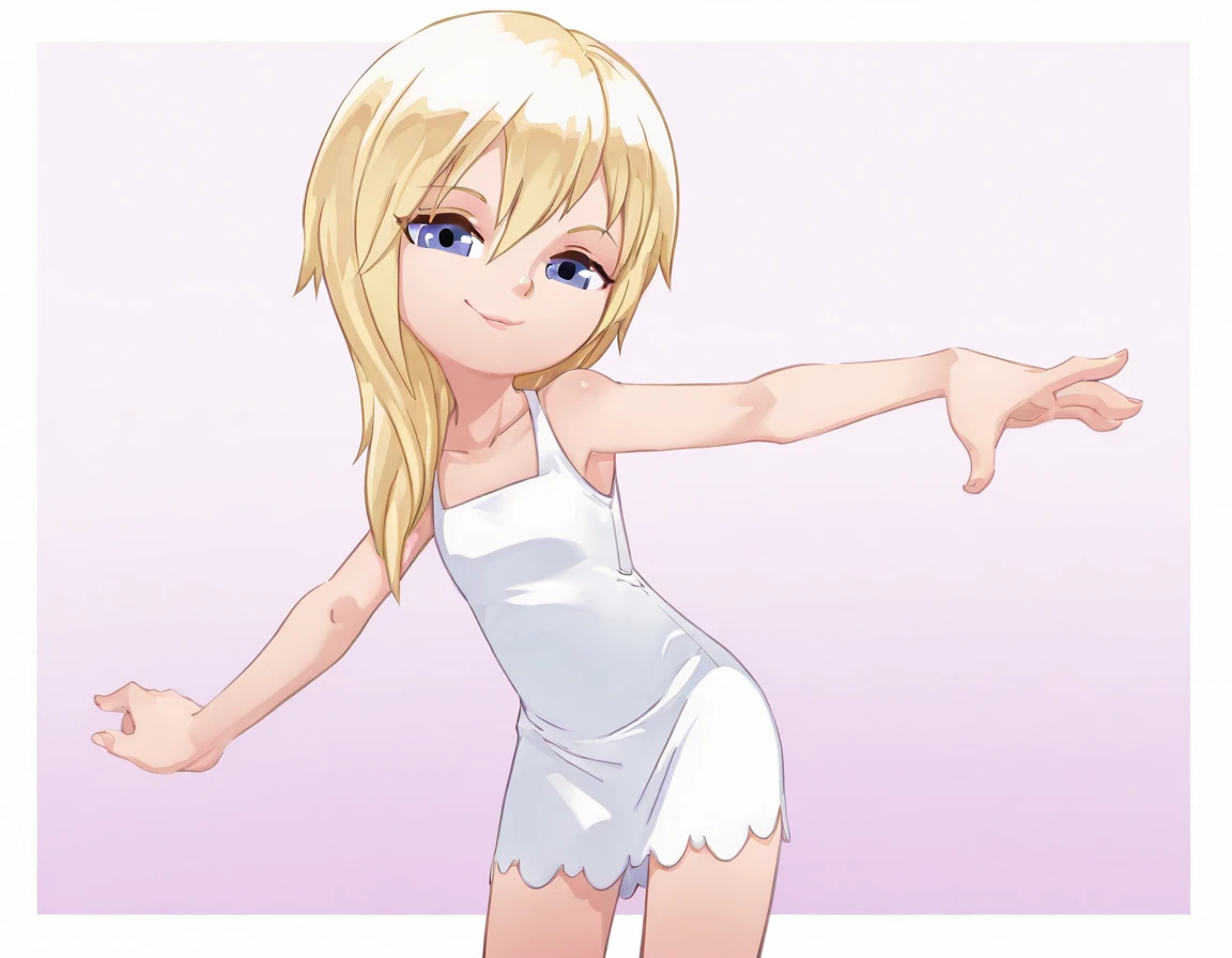 1girl, solo, namine,  <lora:Namine:1>, blond hair, long hair, white dress, sexy pose,bldmn, sassy smile, <lora:Bleedman-IL:1>