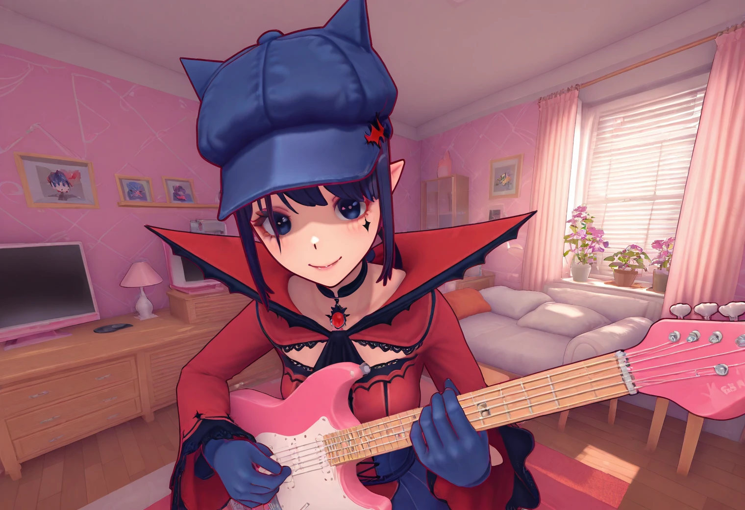 CoolMita, 1girl, 3d, blue hat, blue gloves, ponytail, vampire costume, excited, , playing guitar, furniture, bedroom, blue eyes, masterpiece, best quality, 8k, high resolution, aesthetically pleasing, dark hair, smile, <lora:Mita-MiSide-4-4-Illustrious-Test11:1>