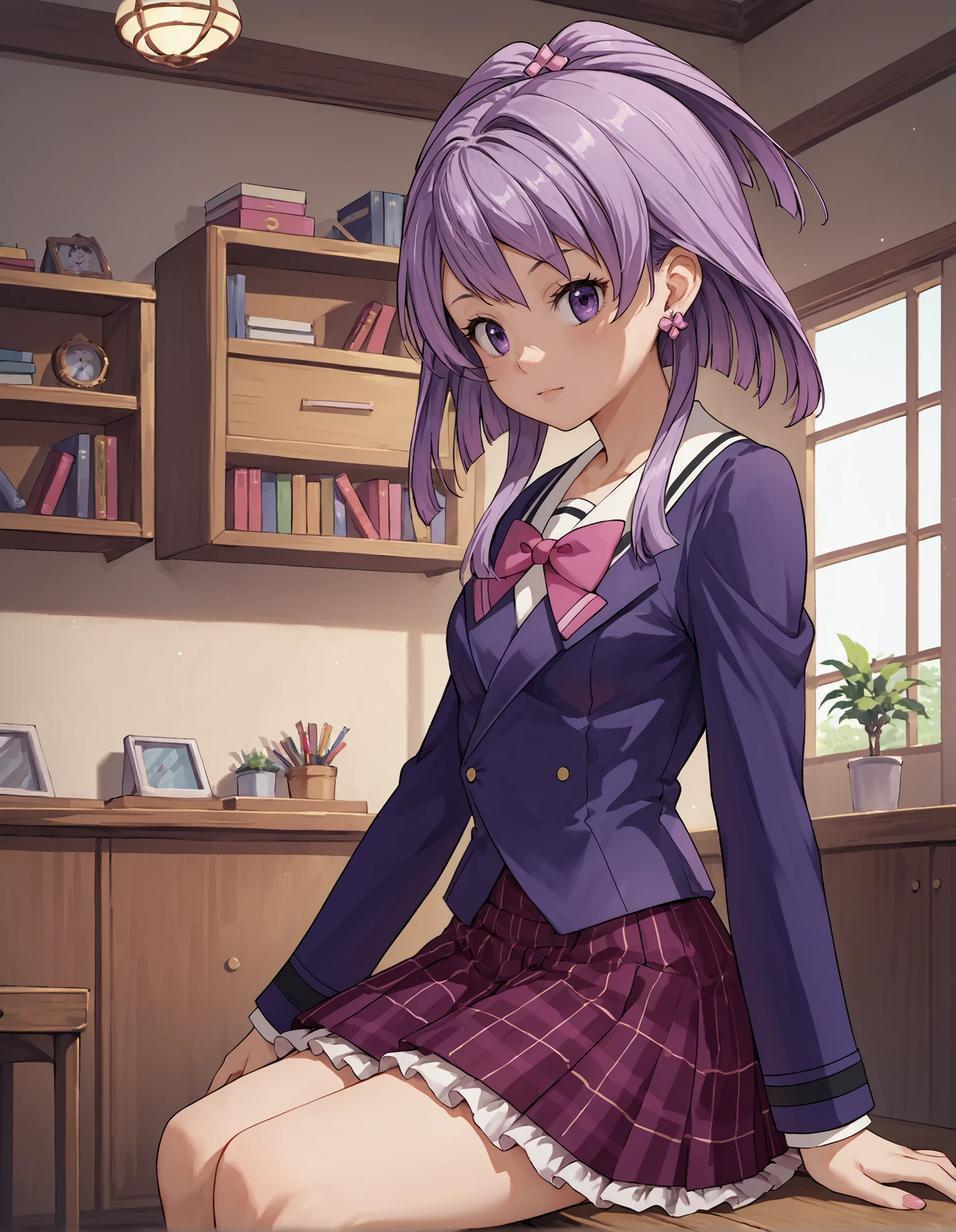 score_9, score_8_up, source_anime, 1girl, upper body, medium shot, detailed, mgrcaikahimena, purple hair, purple eyes, half undo, pink earrings, pink hairclip, white shirt, purple blazer, pink bowtie, red frilled skirt, (side view:0.8), sitting, indoors, <lora:mgrcaikahimena_XL:0.9>