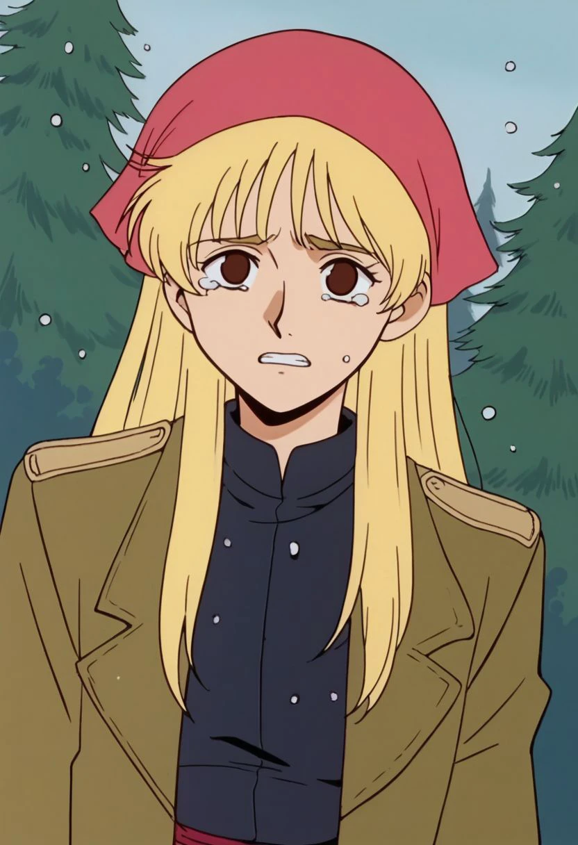 score_9, score_8_up, score_7_up, score_6_up, source_anime, anime coloring, retro artstyle, 1990s \(style\), BREAK 1girl, solo, katejina loos, blonde hair, long hair, messy hair, brown eyes, empty eyes, medium breasts, BREAK red head scarf, brown long coat, long sleeves, gloves, red skirt, long skirt, black socks, boots, BREAK look up, snowing, tears, teeth, (outdoors, forest, dirt road), dutch angle, cowboy shot, (upper body), BREAK 4KUHD, (masterpiece, best quality, highly detailed, absurdres), <lora:katejina_gdmv_pony:0.8>