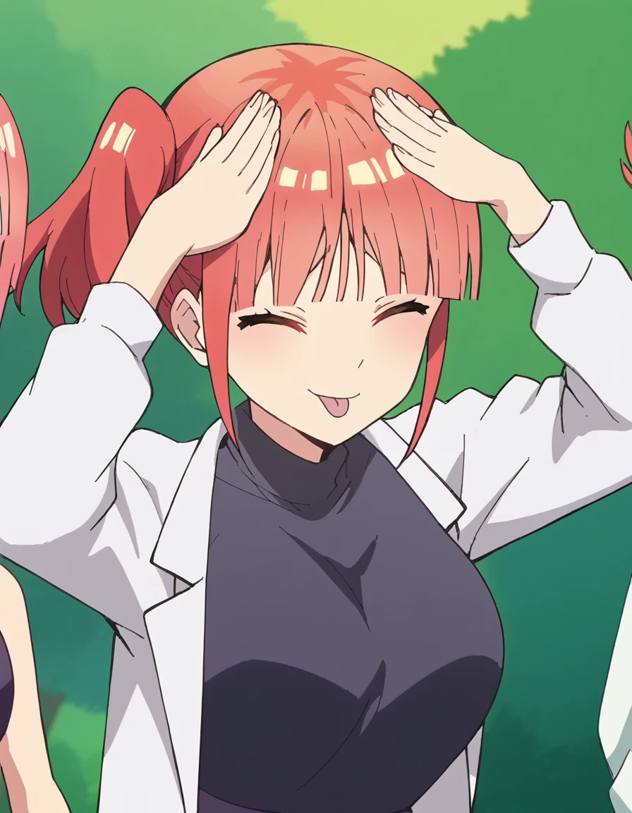score_9, score_8_up, score_7_up, source_anime, <lora:nino-nakano-honeymoon-ponyxl-lora-nochekaiser:1>, nino nakano, short hair, bangs, large breasts, pink hair, blunt bangs, side ponytail, one side up, anime screencap, <lora:ah-eto-bleh-ponyxl-lora-nochekaiser:1>, ah eto bleh, ah eto... bleh (meme), hands on own head, meme, arms on head, tongue out, closed eyes,, ,