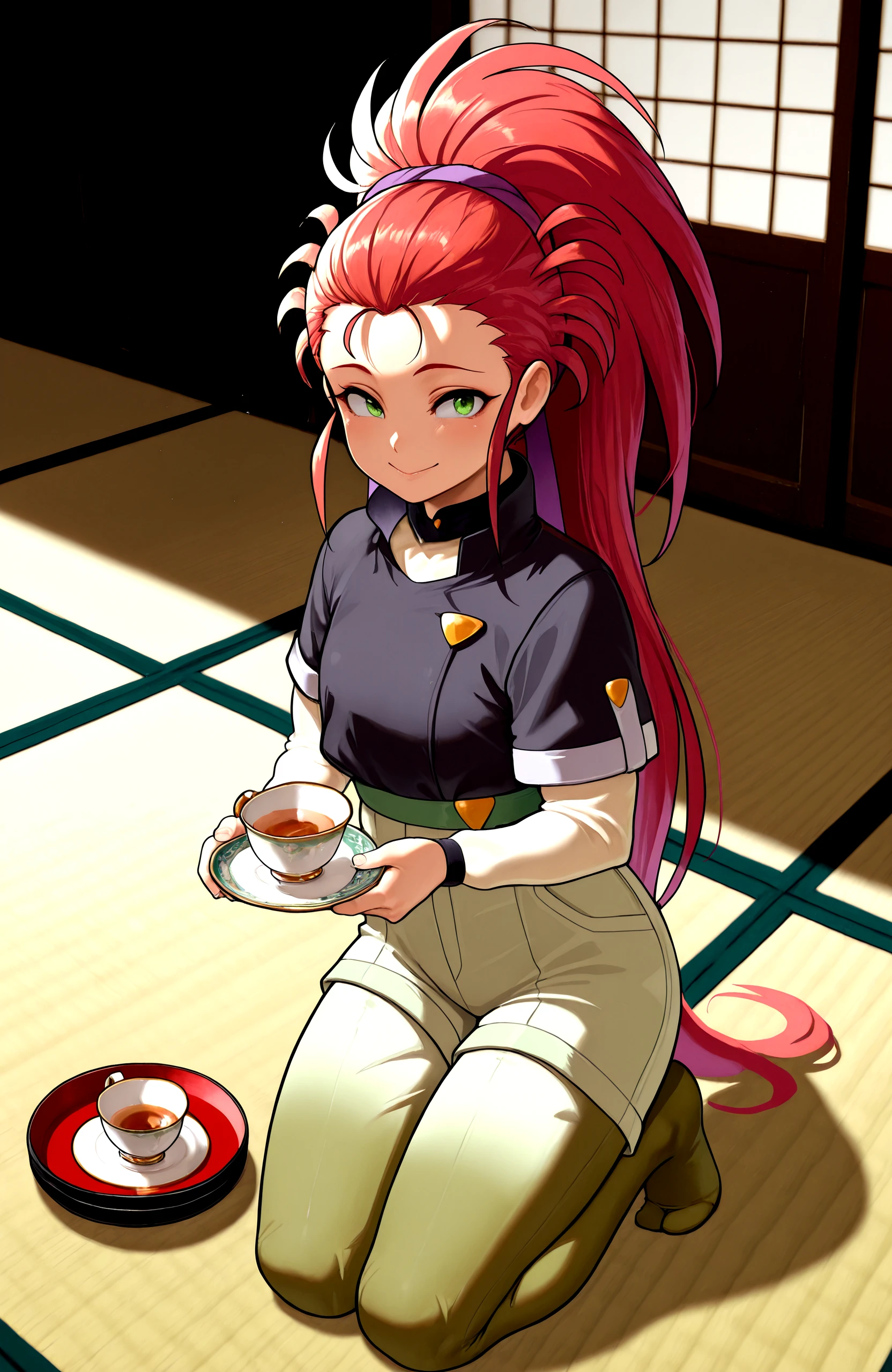 <lora:WashuuIllustV1:0.99> hakubi_washuu, std_outfit, long_undershirt, kneeling, tatami, teacup, smile, shorts,, masterpiece,best quality,absurdres, amazing quality