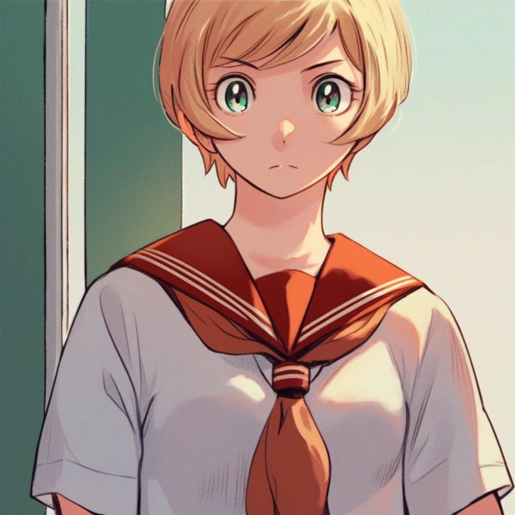 score_9, score_8_up, score_7_up, source_anime, 1girl, michiru, solo, blonde hair, short hair, cowboy view, school uniform