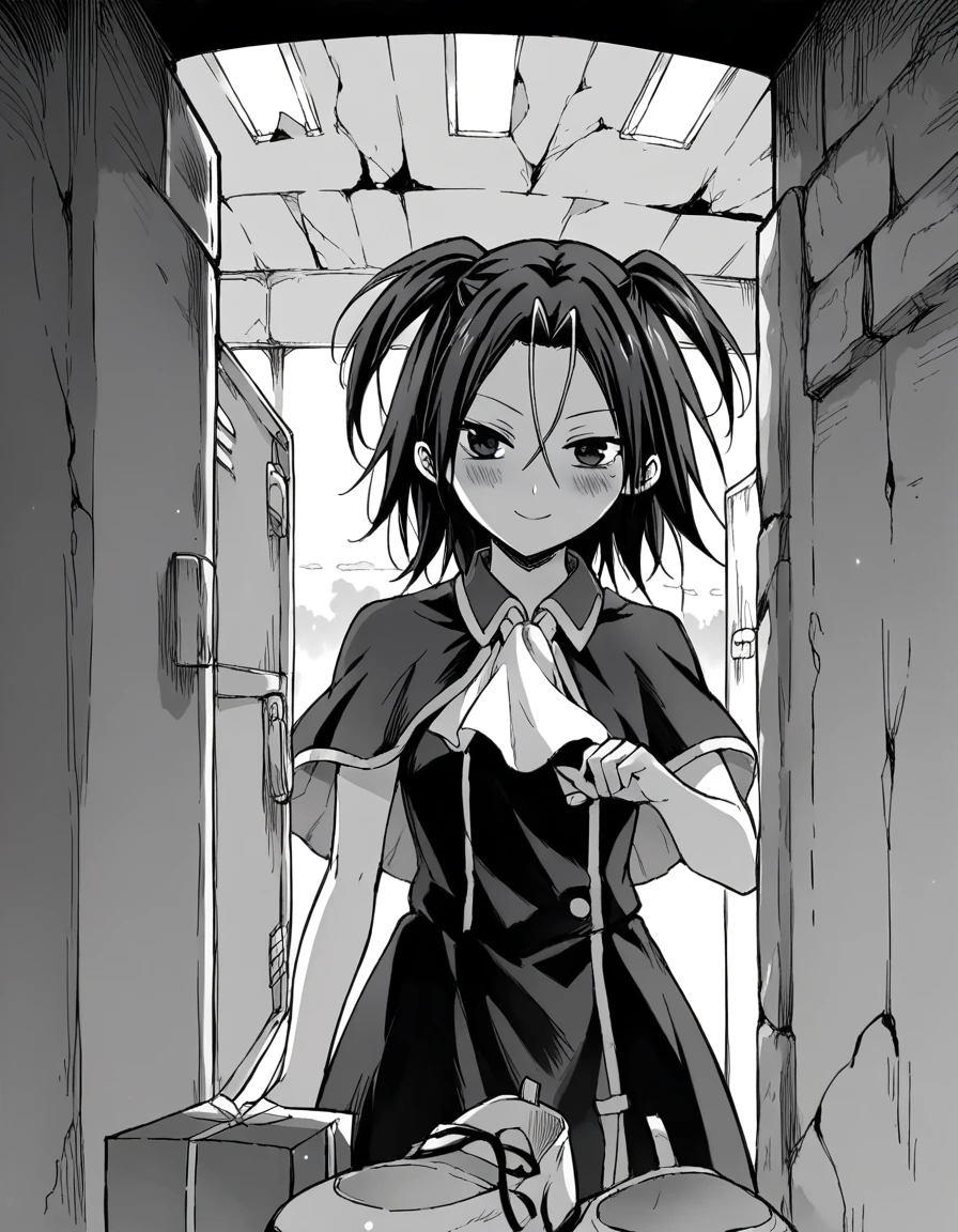 score_9, score_8_up, score_7_up, source_anime, <lora:akua-shuzen-manga-ponyxl-lora-nochekaiser:1>, akua shuzen, monochrome, greyscale, medium hair, twintails, parted bangs, hair between eyes,, dress, ascot, capelet, black dress, black skirt, white ascot,, ruins, old, stone, history, fallen, smile, <lora:shoe-locker-pov-ponyxl-lora-nochekaiser:1> shoe locker pov, locker, letter, school, gift box, unworn shoes, blush,, looking at viewer, solo,, cowboy shot, solo