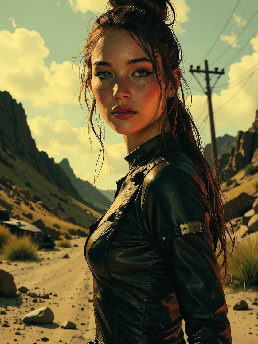<lora:Jennifer_Lawrence_Ca2011:1> woman <lora:zz_s_Fluxartis:0.5> A highly detailed cinematic photography A hyper-realistic photo portrait of a cybernetic android, soft features with a dynamic background, elegant intricate artstation concept art style of Ashley Wood, Jae Wood, desolate tones, intricate detail, breathtaking masterpiece, dramatic lighting, wearing skin-tight, form-fitting black leather cybernetic android uniform that tightly covers the body, it also covers the chest and neck, the uniform includes an extreme amount of zippers, an ak47 is strapped to the back, sitting on a futuristic motorcycle, background is dystopian post-apocalyptic wasteland , bokeh <lora:zz_s_Luminous_Shadowscape:0.7>, looking directly at the viewer, looking directly at the camera, making eye contact, looking straight ahead, modest clothes, modest apparel, chest covered, modesty <lora:zz_s_Chest_Size_Slider:-2>, an extremely charismatic and captivating smileâââ