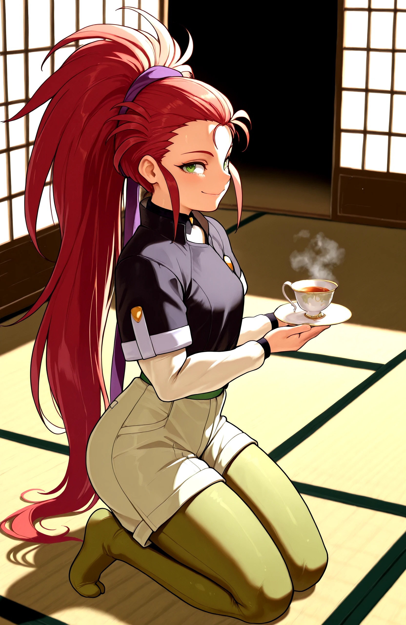 <lora:WashuuIllustV1:0.99> hakubi_washuu, std_outfit, long_undershirt, kneeling, tatami, teacup, smile, shorts,, masterpiece,best quality,absurdres, amazing quality
