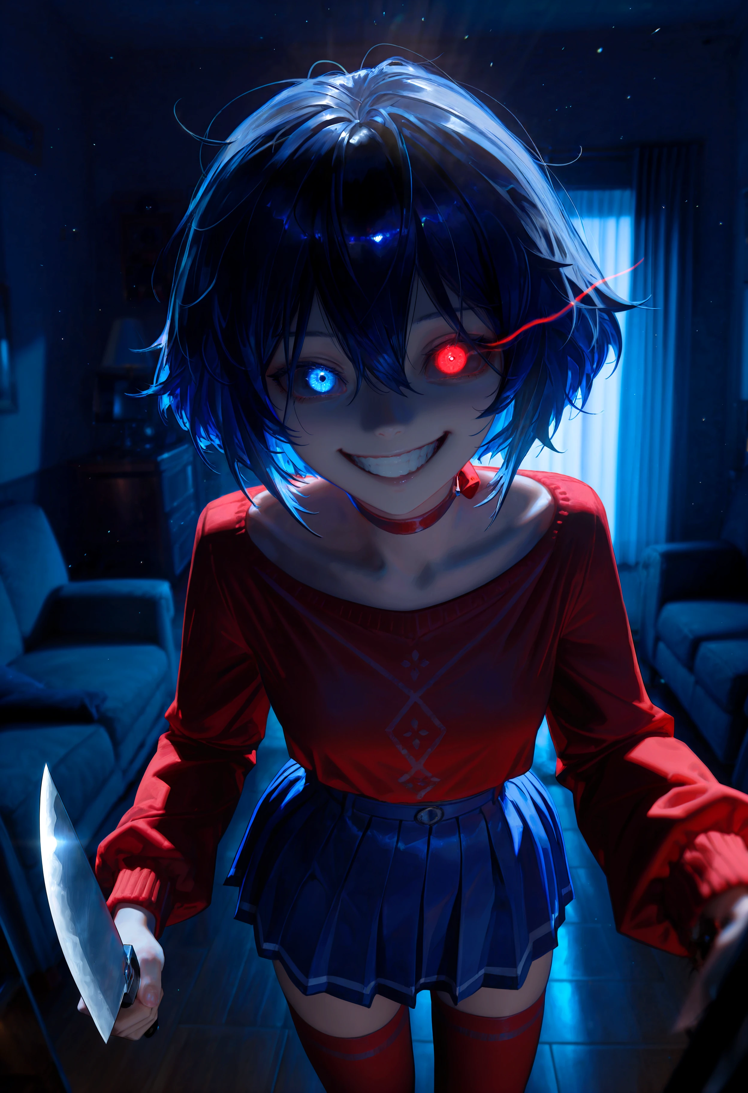 HDR, 8K, high contrast, masterpiece, best quality, amazing quality, very aesthetic, high resolution, ultra-detailed, absurdres, newest, scenery, (horikoshi kouhei:0.3), (quasarcake:0.3), (wlop:0.3), light rays, godrays, chiaroscuro, close up, foreshortening, ms_ending_mita, pale skin, black eye, red eye, glowing eye, horror (theme), heterochromia, short hair, big hair, messy hair, hair between eyes, blue hair, black hair, long sleeves, red sweater, blue skirt, pleated skirt, red thighhighs, zettai ryouiki, crazy smile, (wide grin:1.25), yandere, holding knife, knife focus, looking at viewer, standing, inside, epic, dramatic, living room, dark, night, fog, BREAK, photorealistic, beautiful detailed eyes, detailed skin, detailed hair, volumetric lighting, dappled light, light particles, dramatic shadows, cinematic lighting, photo background, depth of field, <lora:ponyxl\cfg_scale_boost:0.7> <lora:IL\KMS_MiSIDE_Mita_x6_IL:0.8>
