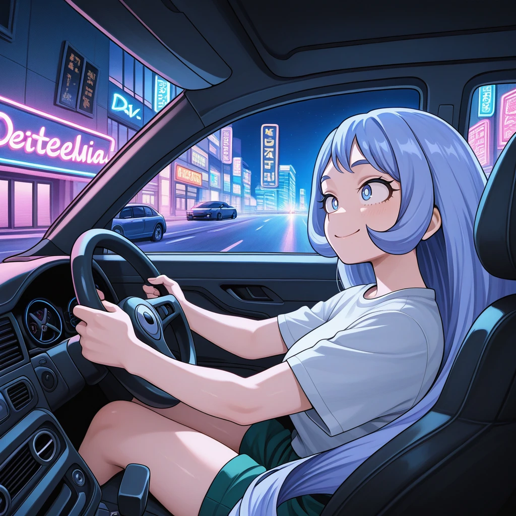 <lora:Driving_-_IL:0.8> dr1v3, car interior, motor vehicle, steering wheel, driving, sitting, 1girl, solo, nighttime, neon lights, smile, hadou_nejire, boku_no_hero_academia     , masterpiece, best quality, good quality, newest