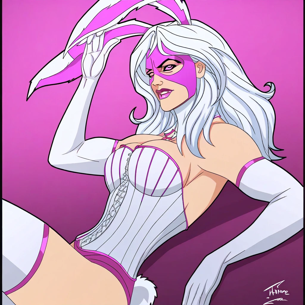 beautiful girl with bunny ears,pink gas ribbon around her, white hair, white and pink top,white long leather gloves,white long high heel boots, pink mask, chains in the background