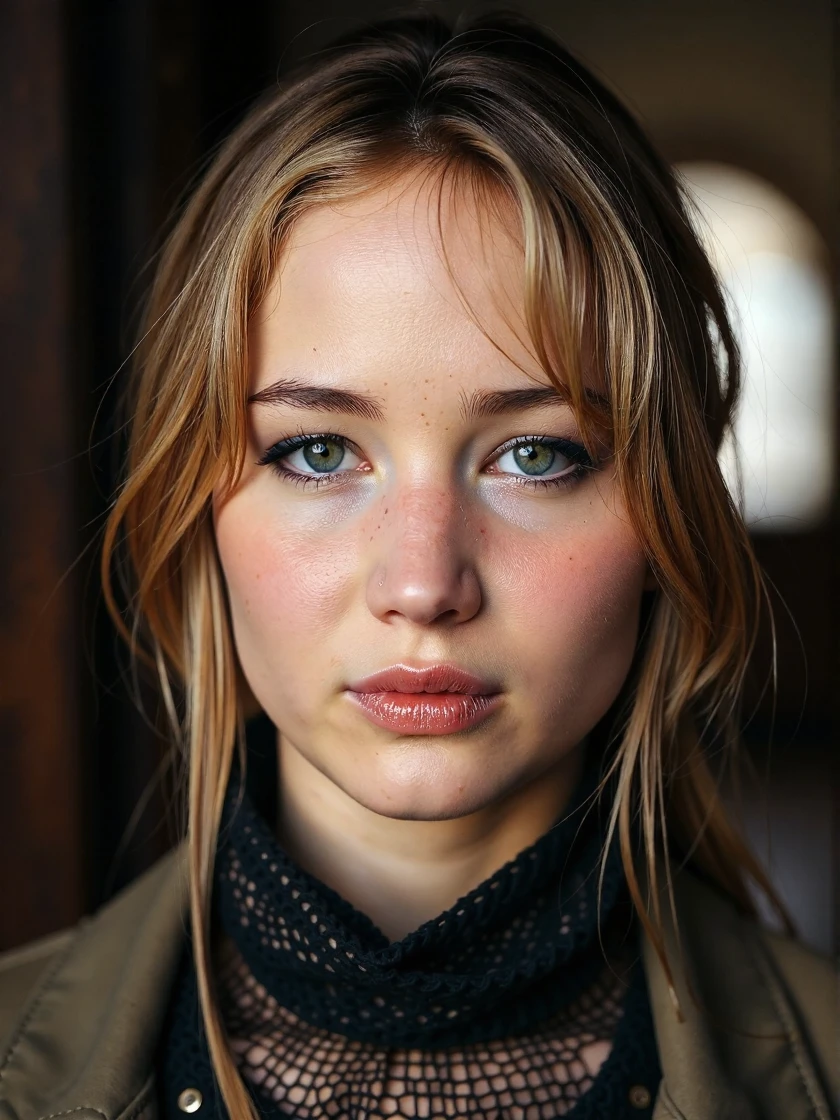 <lora:Jennifer_Lawrence_Ca2011:1> woman, as Katniss Everdeen from The Hunger Games <lora:zz_s_Fluxartis:0.5> A highly detailed cinematic photography, looking directly at the viewer, looking directly at the camera, making eye contact, looking straight ahead, modest clothes, modest apparel, chest covered, modesty <lora:zz_s_Chest_Size_Slider:-2>, extreme close-up, zoomed, focus on face, centered, macro shot, face centered, focus on eyes, an extremely charismatic and captivating smileâââ