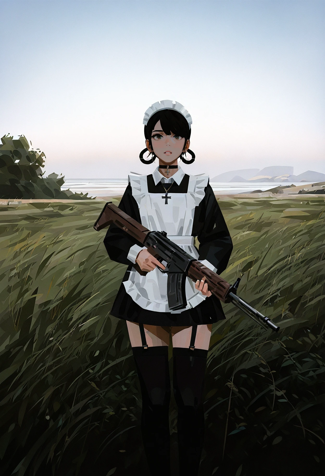 yun ling, newest, very awa, masterpiece, highres, absurdres, year 2024, year 2023,
wide shot, perspective, cinematic, horizon,
black choker, 1girl, maid, solo, holding (assault rifle:1.2), garter straps, thighhighs, cross, looking at viewer, parted lips, standing, hair over one eye, hair rings, white apron, maid headdress, long sleeves, 
detailed background,
 <lora:yun_ling-16:0.9> <lora:NOOB_vp1_detailer_by_volnovik_v1:0.65>  <lora:ponyv6_noobV1_1_adamW-000011:0.3>