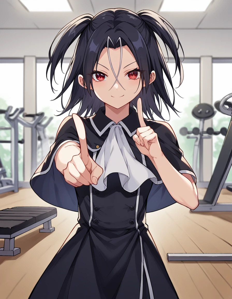 score_9, score_8_up, score_7_up, source_anime, <lora:akua-shuzen-manga-ponyxl-lora-nochekaiser:1>, akua shuzen, black hair, red eyes, medium hair, twintails, parted bangs, hair between eyes,, dress, ascot, capelet, black dress, black skirt, white ascot,, gym, weights, treadmill, mirrors, exercise, smile, <lora:koi-dance-ponyxl-lora-nochekaiser:1>, koi dance, index finger raised, dancing, outstretched arm, pointing at viewer, pointing, pointing up,, looking at viewer, solo,, cowboy shot, solo