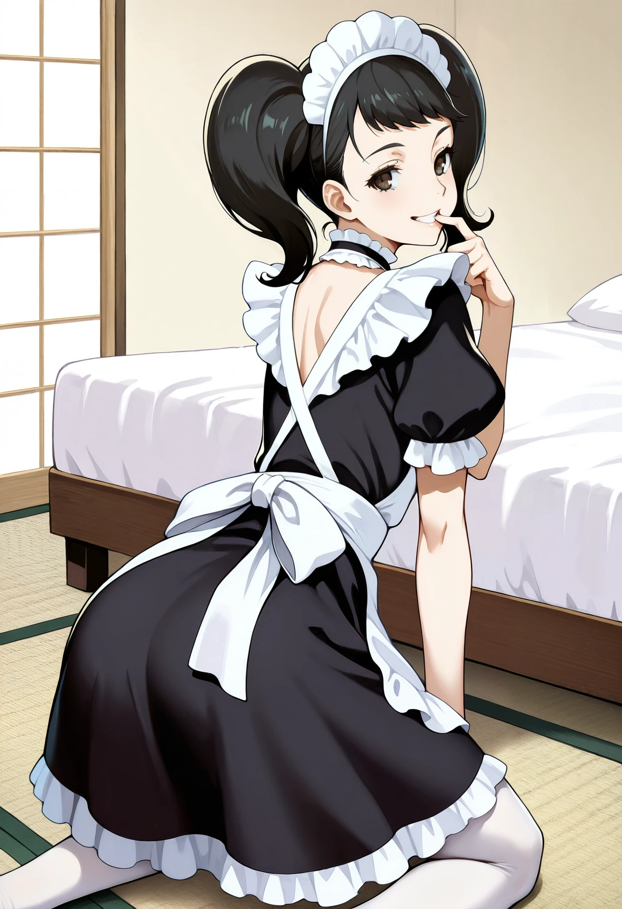 1 girl, solo, cute face,
p5kawakami, black hair,
p5kawakami-becky, maid, twintails, pantyhose, white pantyhose, maid headdress,
bedroom, tatami, from behind, looking at viewer, looking back, seductive, kneeling, finger in mouth, grin,
masterpiece, best quality, ultra detailed,