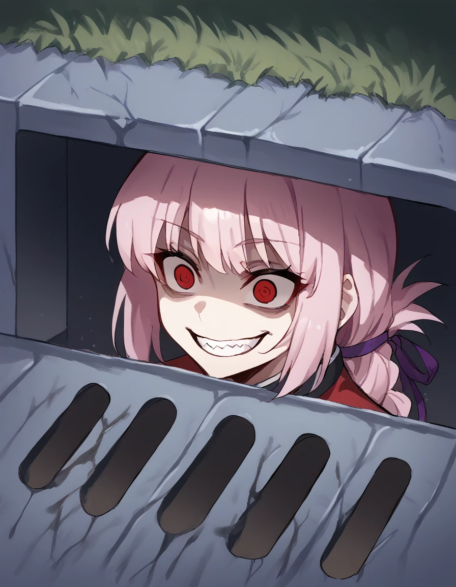 score_9, score_8_up, score_7_up, source_anime, <lora:florence-nightingale-ponyxl-lora-nochekaiser:1>, florence nightingale, pink hair, long hair, red eyes, hair braid, sidelocks, folded ponytail, single braid, braid, braided ponytail, large breasts, <lora:pennywise-in-the-sewer-ponyxl-lora-nochekaiser:1>, pennywise in the sewer, pennywise in the sewer (meme), storm drain, sewer grate, grate, sewer, meme, concrete, grass, sidewalk,, <lora:evil-grin-ponyxl-lora-nochekaiser:1>, evil grin, evil smile, grin, evil eyes, crazy eyes, teeth, shaded face,,