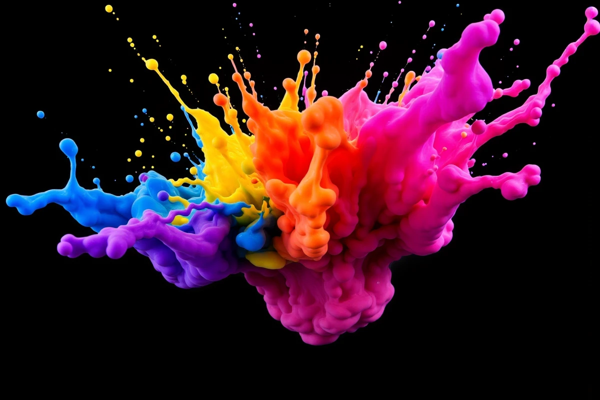 Colorful_Ink,detailmaximizer,The image captures a moment of vibrant, multicolored inks splashing against a stark black background. The inks are frozen in time, mid-collision, creating a dynamic explosion of color. The central burst is a bright orange, which serves as a focal point amidst the chaos. Surrounding the orange are streams of pink, purple, blue, and yellow inks, each contributing to the overall spectacle with their distinct hues.
The pink ink is soft and appears to be lighter in density, allowing it to spread and blend with the other colors. The purple ink adds a deep, rich contrast, while the blue ink provides a cool counterbalance to the warm tones. The yellow ink is bright and energetic, enhancing the visual impact of the scene.
Small droplets and tendrils of ink are scattered throughout the image, suggesting the force and movement of the splash. These droplets vary in size and color, adding texture and complexity to the composition. The black background accentuates the vividness of the inks, making the colors pop and giving the image a sense of depth.
The image is a close-up, focusing on the details of the ink's texture and the interplay of colors. It's a study in contrast, with the organic shapes of the inks set against the void of the black space. The overall effect is one of energy, creativity, and the raw power of color. The image does not represent any discernible objects or figures, leaving its interpretation open to the viewer's imagination.