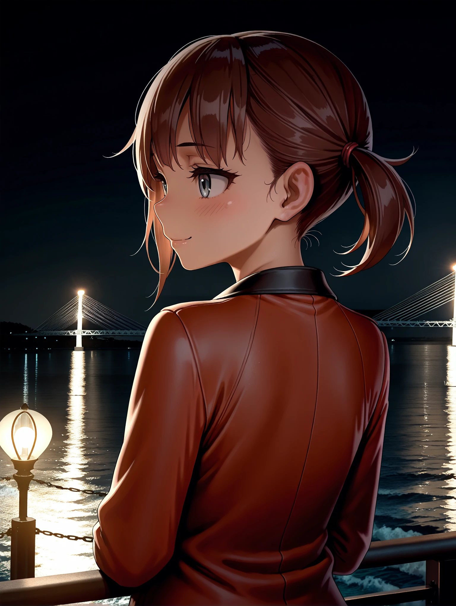 masterpiece,best quality,amazing quality,1girl,solo,
<lora:natsu_ilxl_v1:1>,natsu,jacket,long sleeves,<lora:Fixhands_anime_bdsqlsz_V1:1>,
<lora:commercial_facility00_ilxl_v1:1>,c_f00,night,night sky,sky,bridge,ocean,
dark,lamp,lamppost,railing,
upper_body,light_blush,smile,looking ahead,from behind,looking_back,