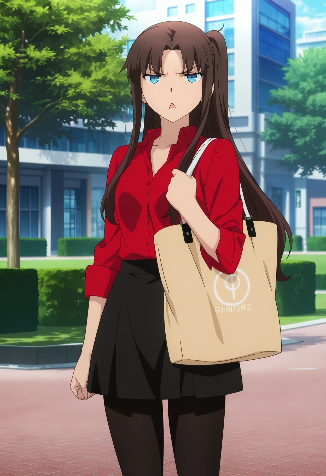 anime screencap, masterpiece, best quality,
<lora:FateStayNightUBW_TohsakaRin_IlluXL:0.9>,
1girl, solo, triangle mouth, annoyed,
brown hair, alternate hairstyle, one side up, long hair, sidelocks, parted bangs, blue eyes,
RinUniversity, red shirt, collared shirt, open collar, black skirt, black pantyhose, tote bag,
looking at viewer, standing, cowboy shot,
outdoors, building, park